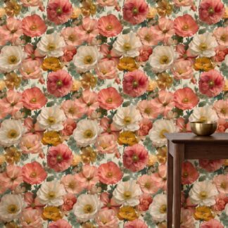 Vintage Poppy Wallpaper in Coral and Peach, Painterly Floral Wall Mural, Removable Peel and Stick Wallpaper for Bedroom Accent Wall