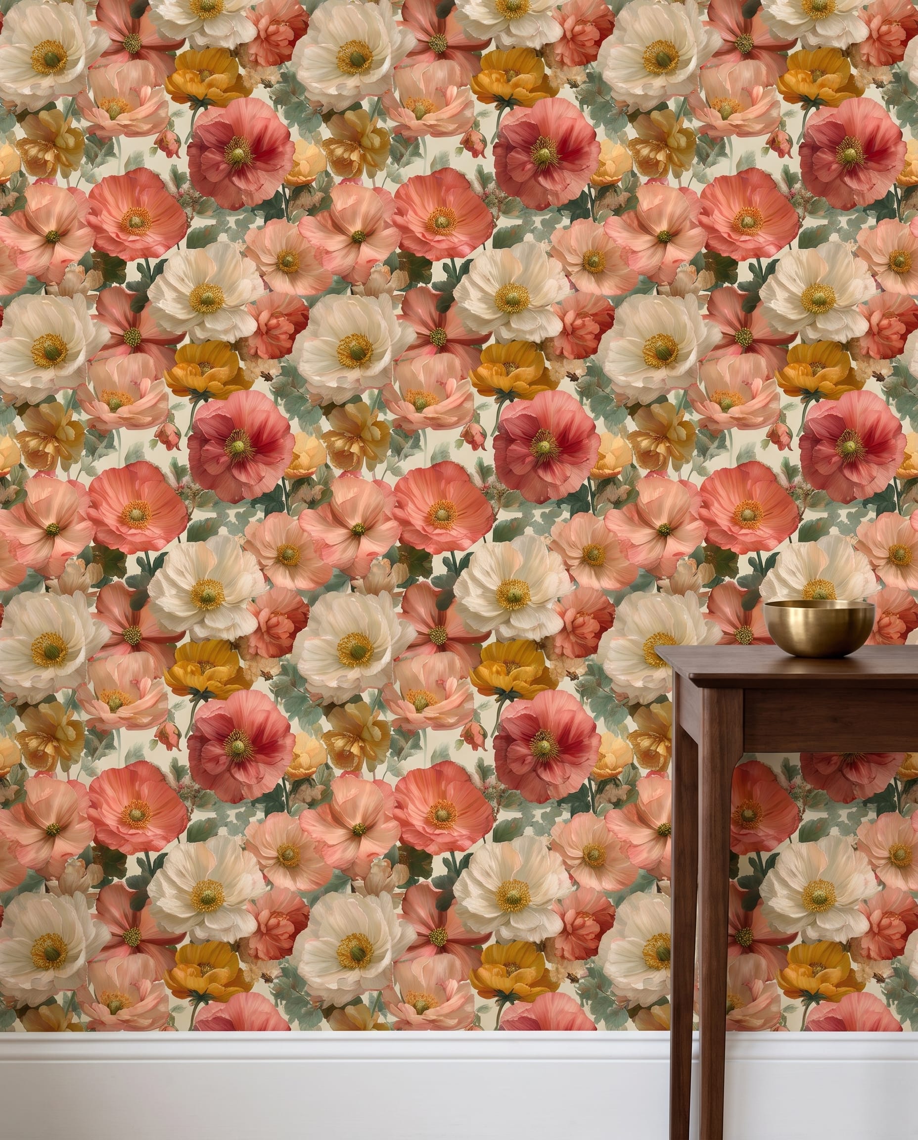 Vintage Poppy Wallpaper in Coral and Peach, Painterly Floral Wall Mural, Removable Peel and Stick Wallpaper for Bedroom Accent Wall