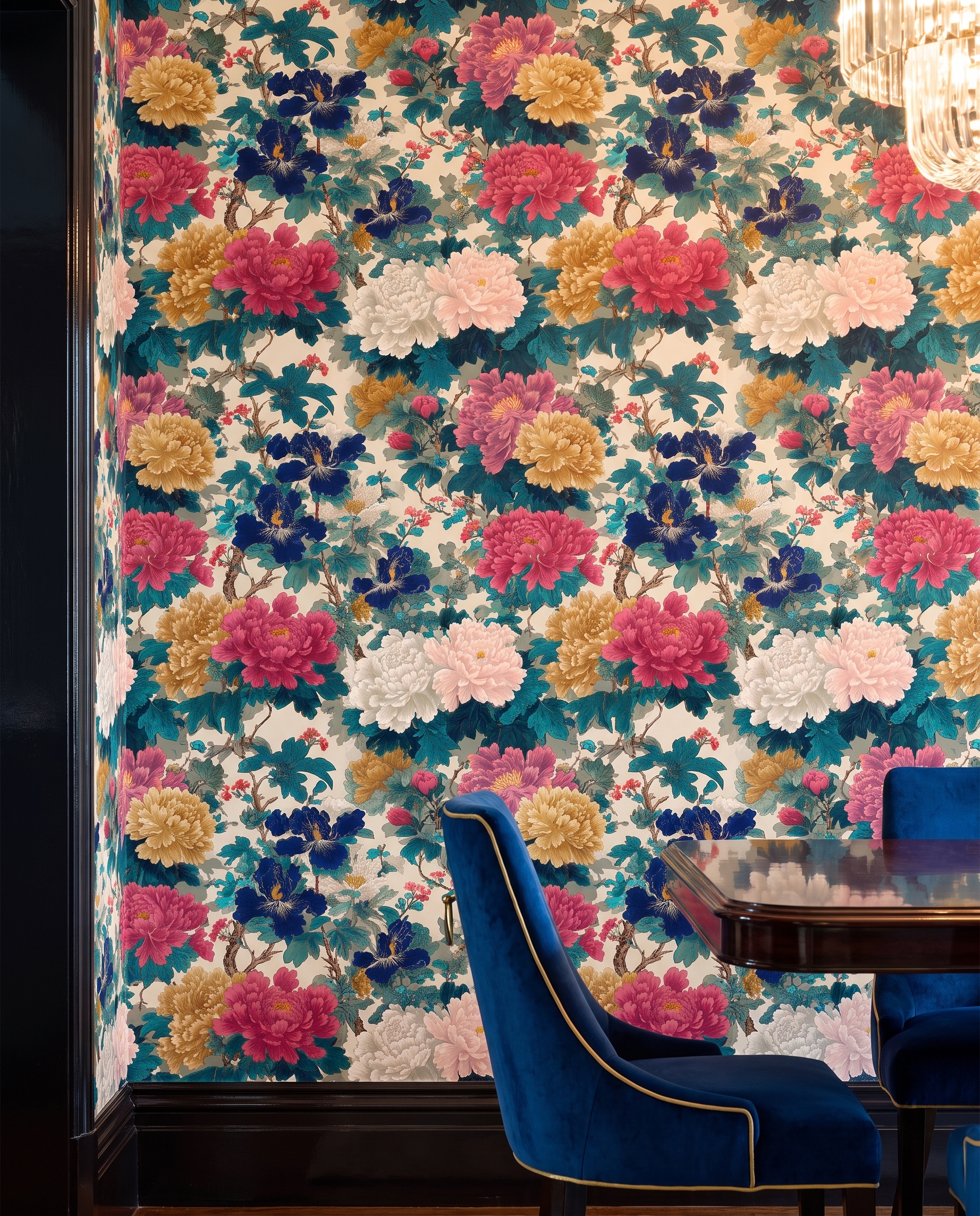 Chinoiserie Peony Garden Wallpaper in Blue and Pink, Vintage Floral Wall Mural, Peel and Stick Wallpaper for a Statement Accent Wall
