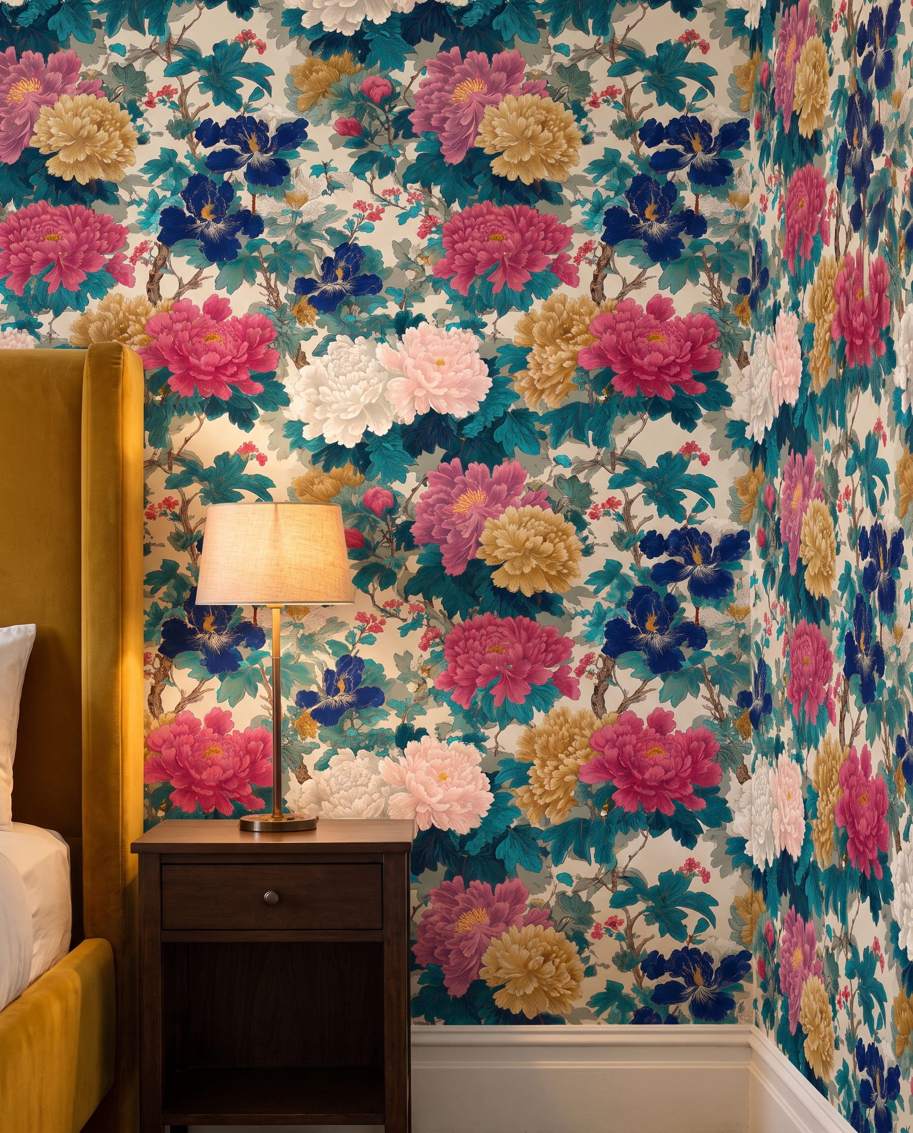 Chinoiserie Peony Garden Wallpaper in Blue and Pink, Vintage Floral Wall Mural, Peel and Stick Wallpaper for a Statement Accent Wall