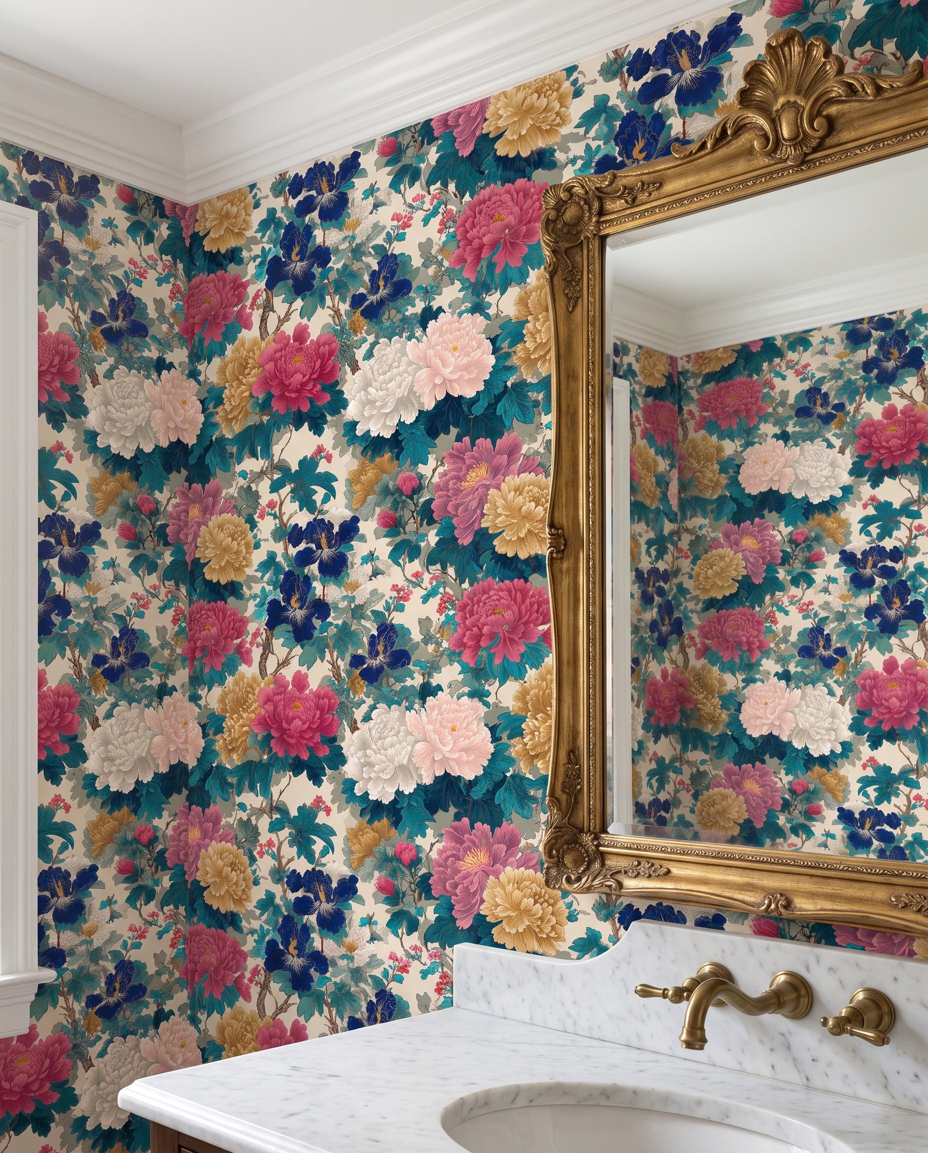 Chinoiserie Peony Garden Wallpaper in Blue and Pink, Vintage Floral Wall Mural, Peel and Stick Wallpaper for a Statement Accent Wall