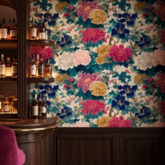 Chinoiserie Peony Garden Wallpaper in Blue and Pink, Vintage Floral Wall Mural, Peel and Stick Wallpaper for a Statement Accent Wall