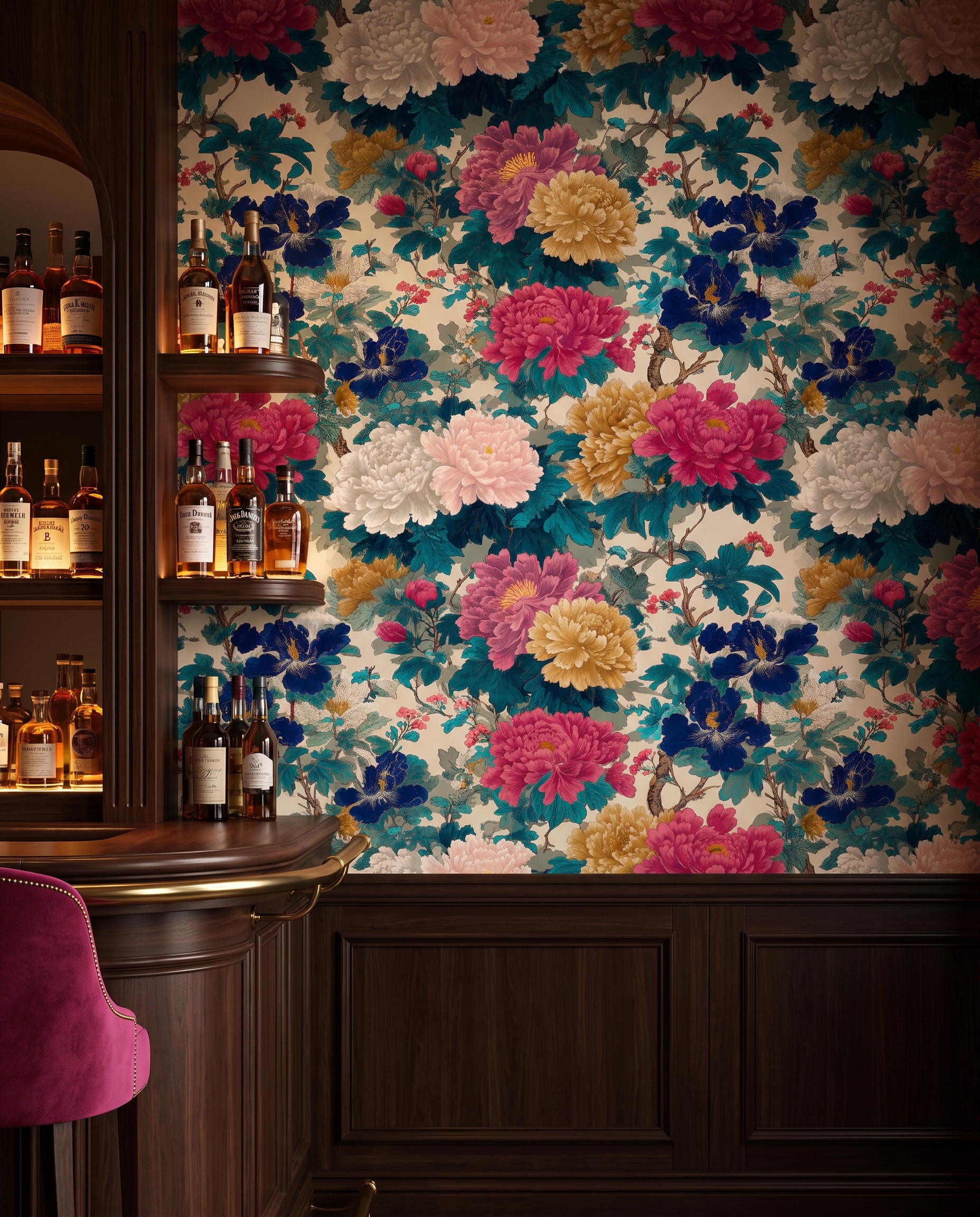 Chinoiserie Peony Garden Wallpaper in Blue and Pink, Vintage Floral Wall Mural, Peel and Stick Wallpaper for a Statement Accent Wall