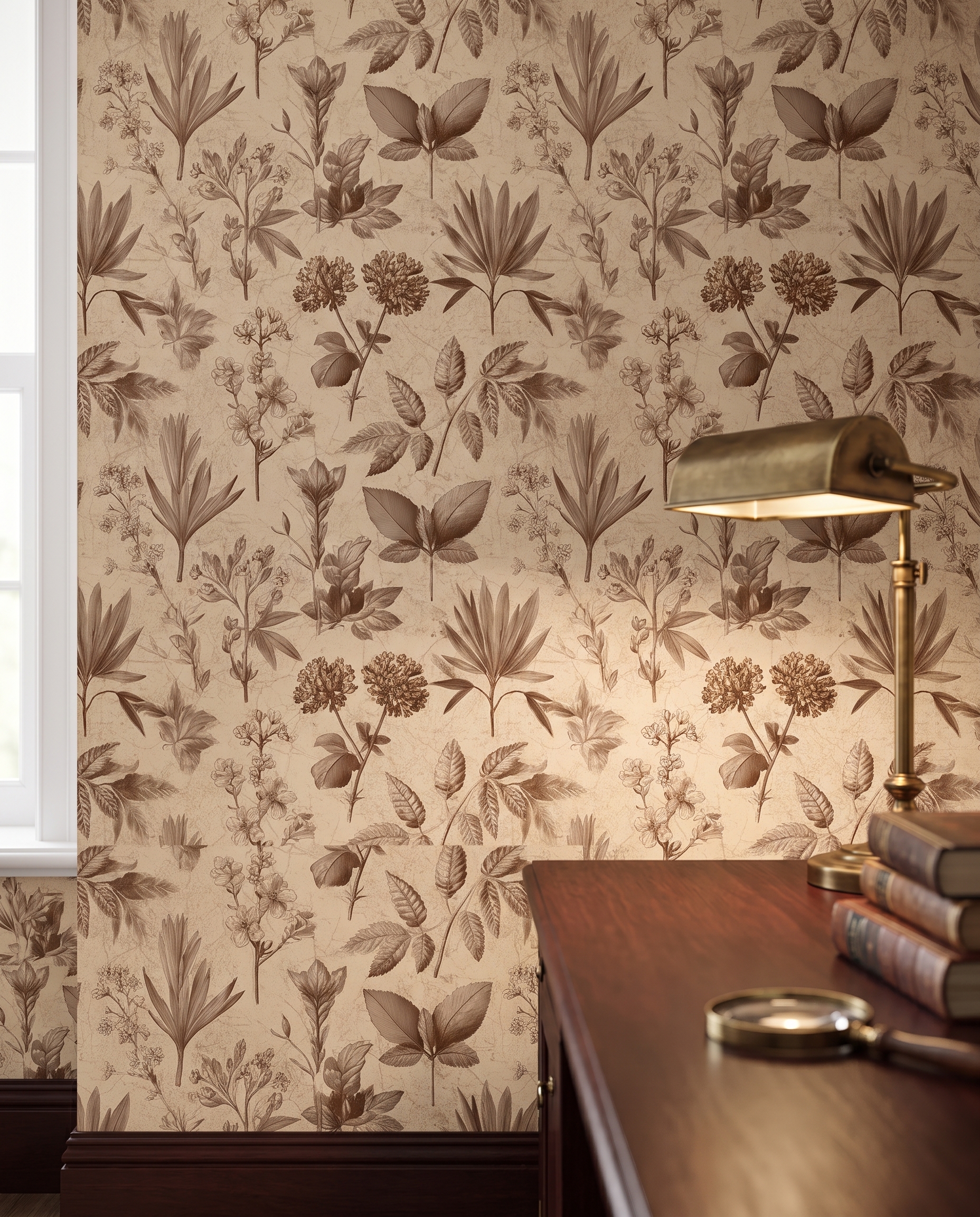 Vintage Botanical Engraving Wallpaper in Sepia, Removable Peel and Stick Wallpaper for a Study or Accent Wall