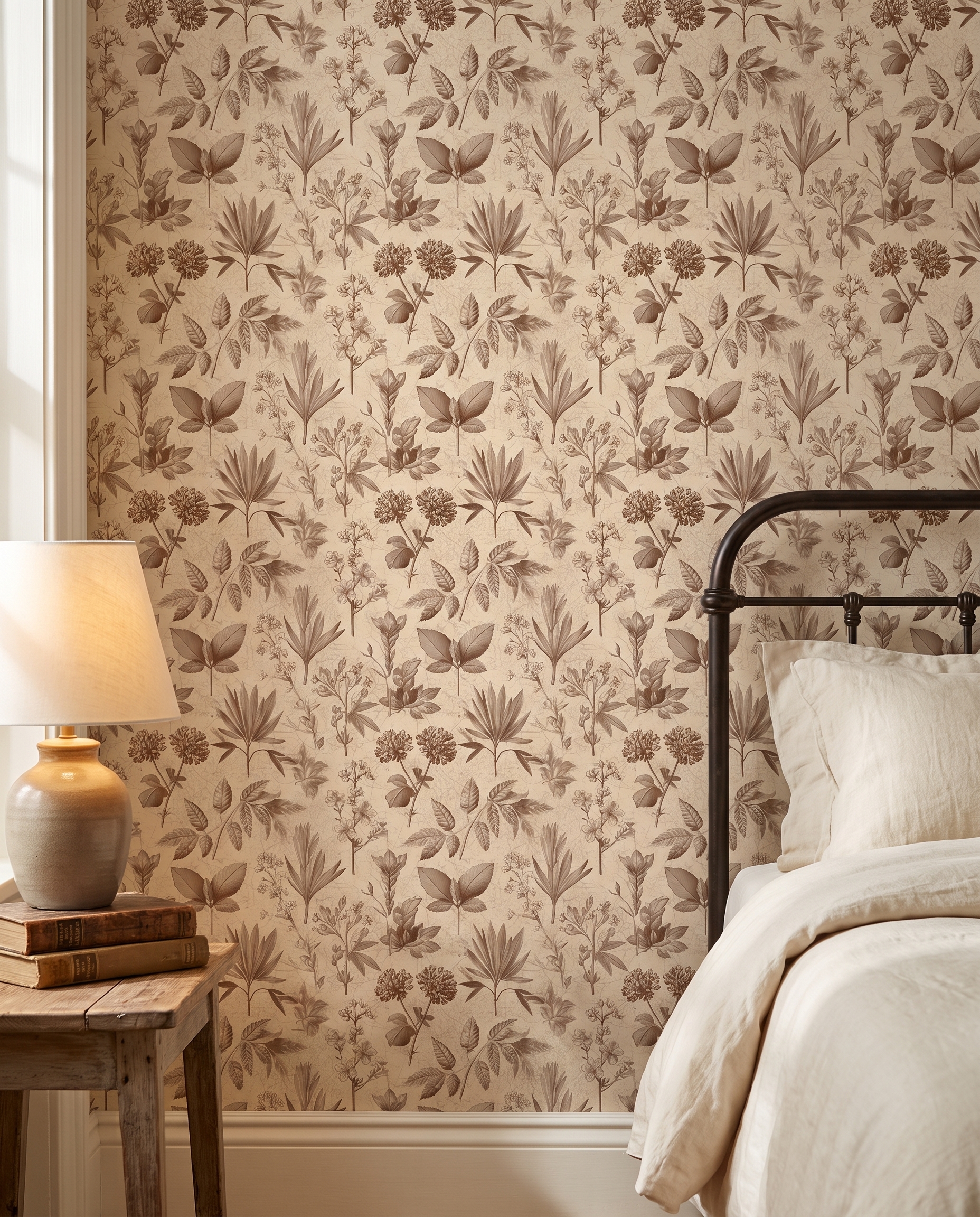 Vintage Botanical Engraving Wallpaper in Sepia, Removable Peel and Stick Wallpaper for a Study or Accent Wall