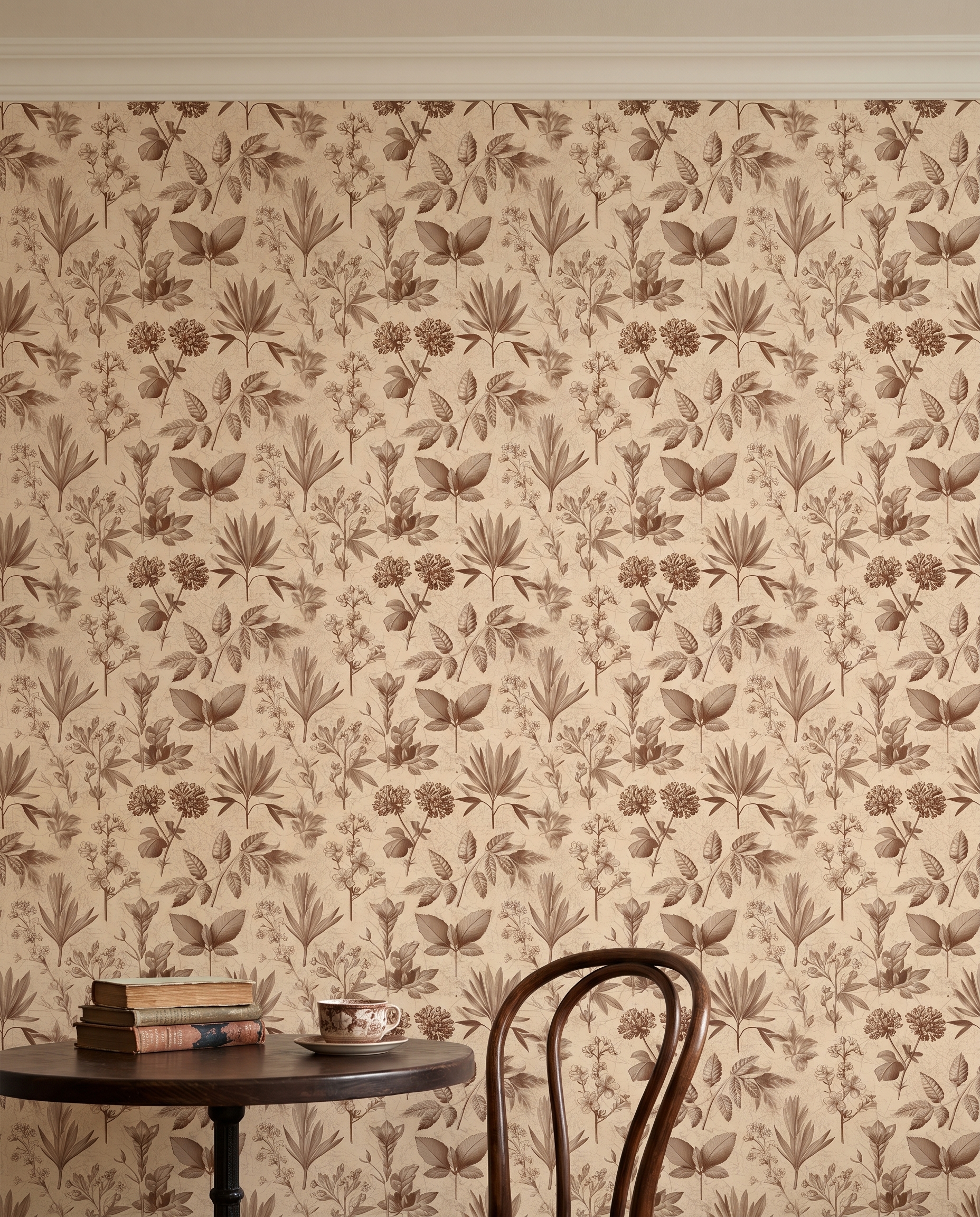 Vintage Botanical Engraving Wallpaper in Sepia, Removable Peel and Stick Wallpaper for a Study or Accent Wall