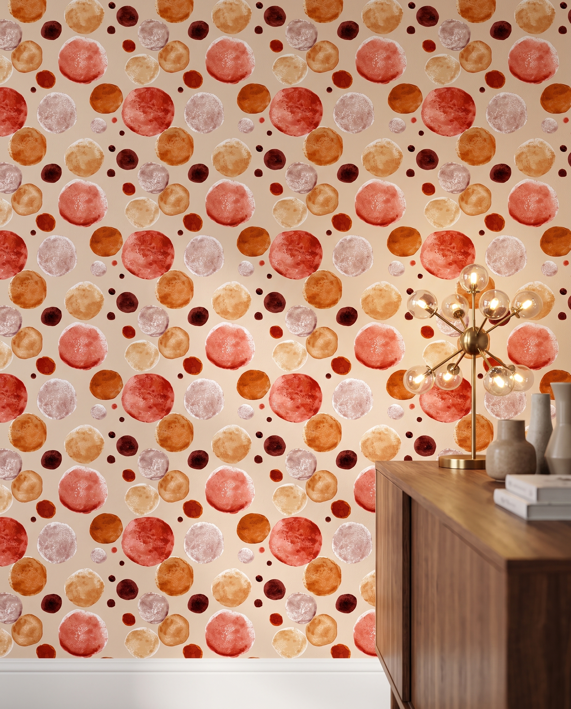 Watercolor Polka Dot Wallpaper in Terracotta and Orange, Abstract Circles Peel and Stick Wallpaper for a Playful Nursery Accent Wall