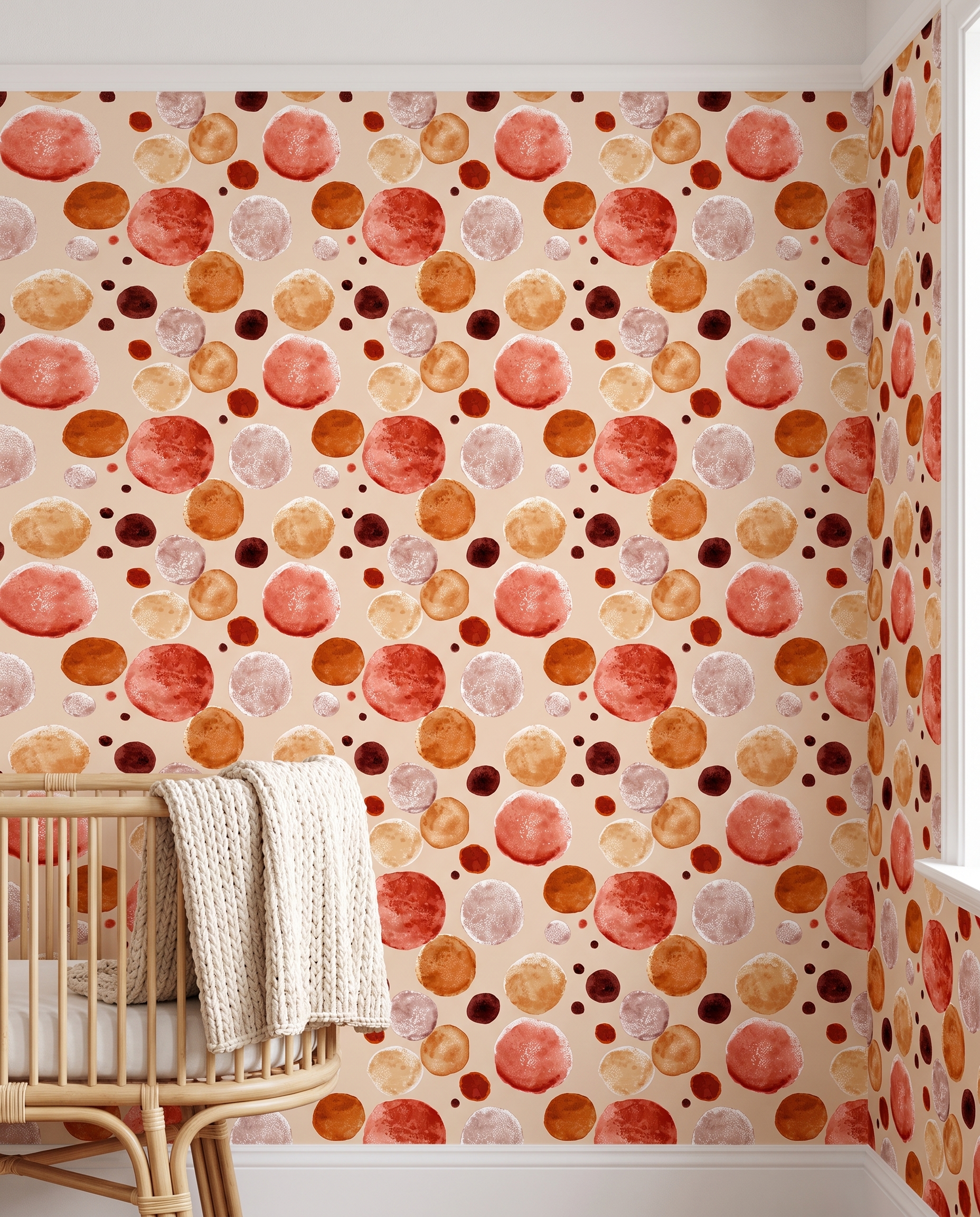 Watercolor Polka Dot Wallpaper in Terracotta and Orange, Abstract Circles Peel and Stick Wallpaper for a Playful Nursery Accent Wall
