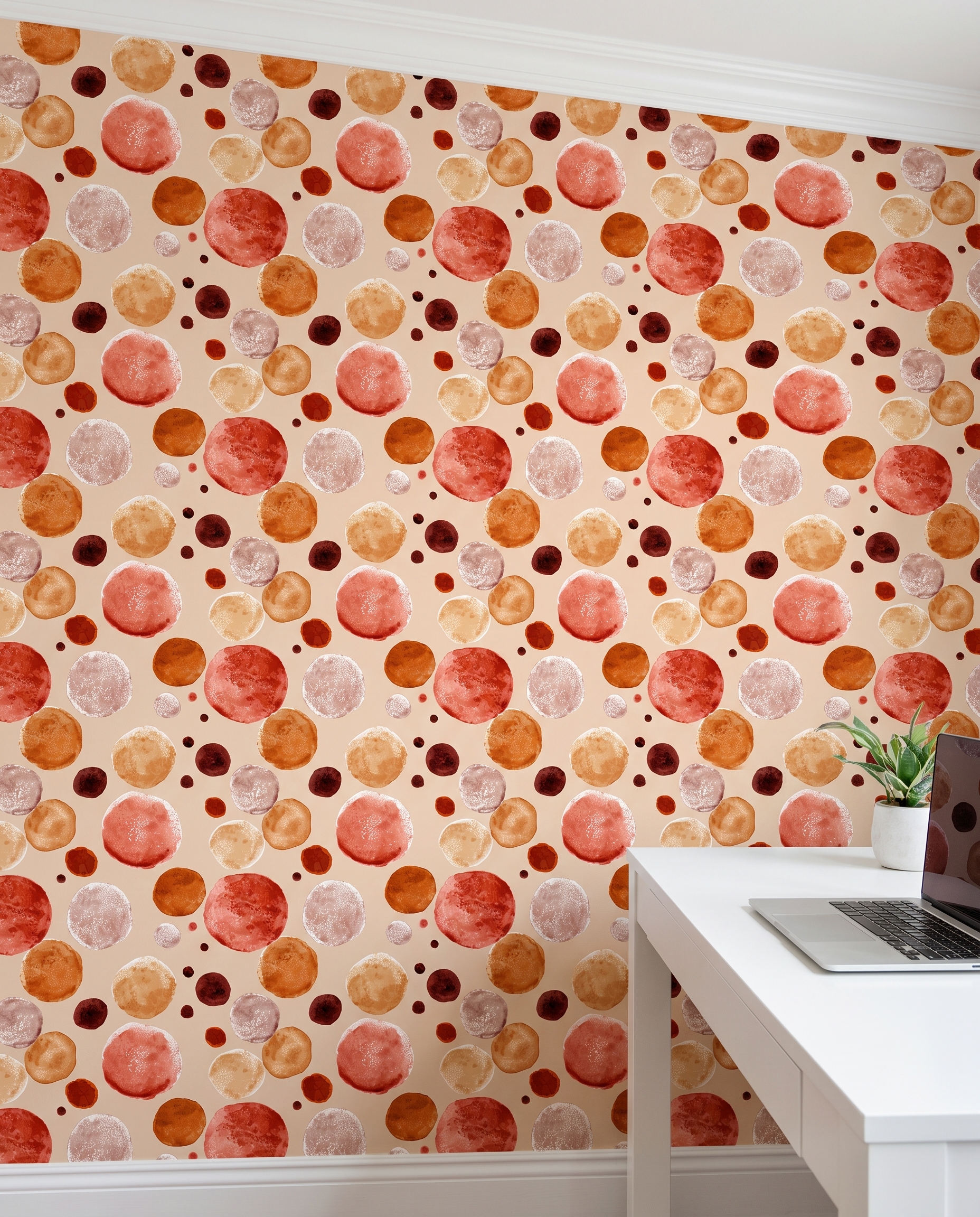 Watercolor Polka Dot Wallpaper in Terracotta and Orange, Abstract Circles Peel and Stick Wallpaper for a Playful Nursery Accent Wall