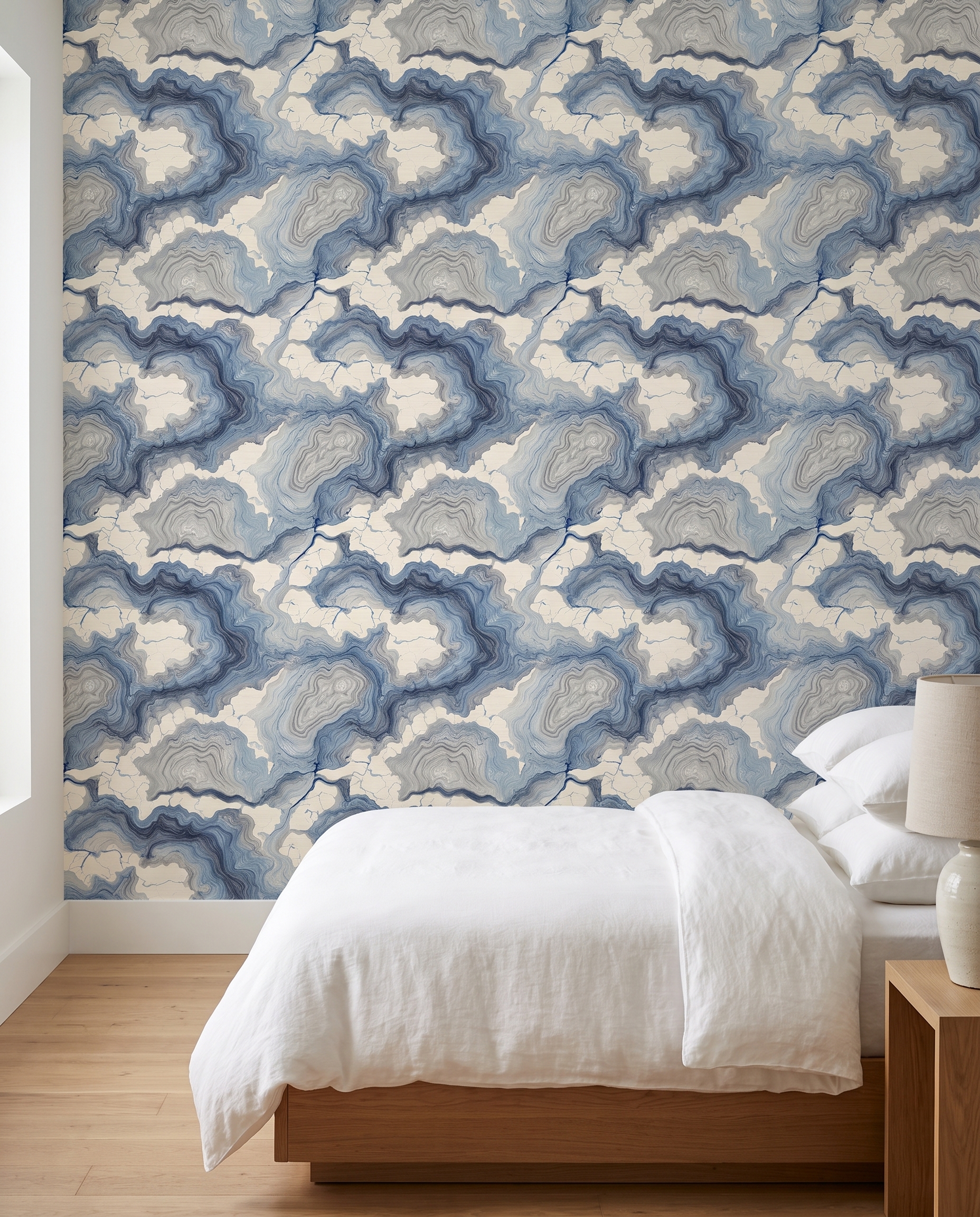 Abstract Agate Contour Lines in Blue and Grey, Contemporary Wall Mural, Peel and Stick Wallpaper for a Modern Accent Wall