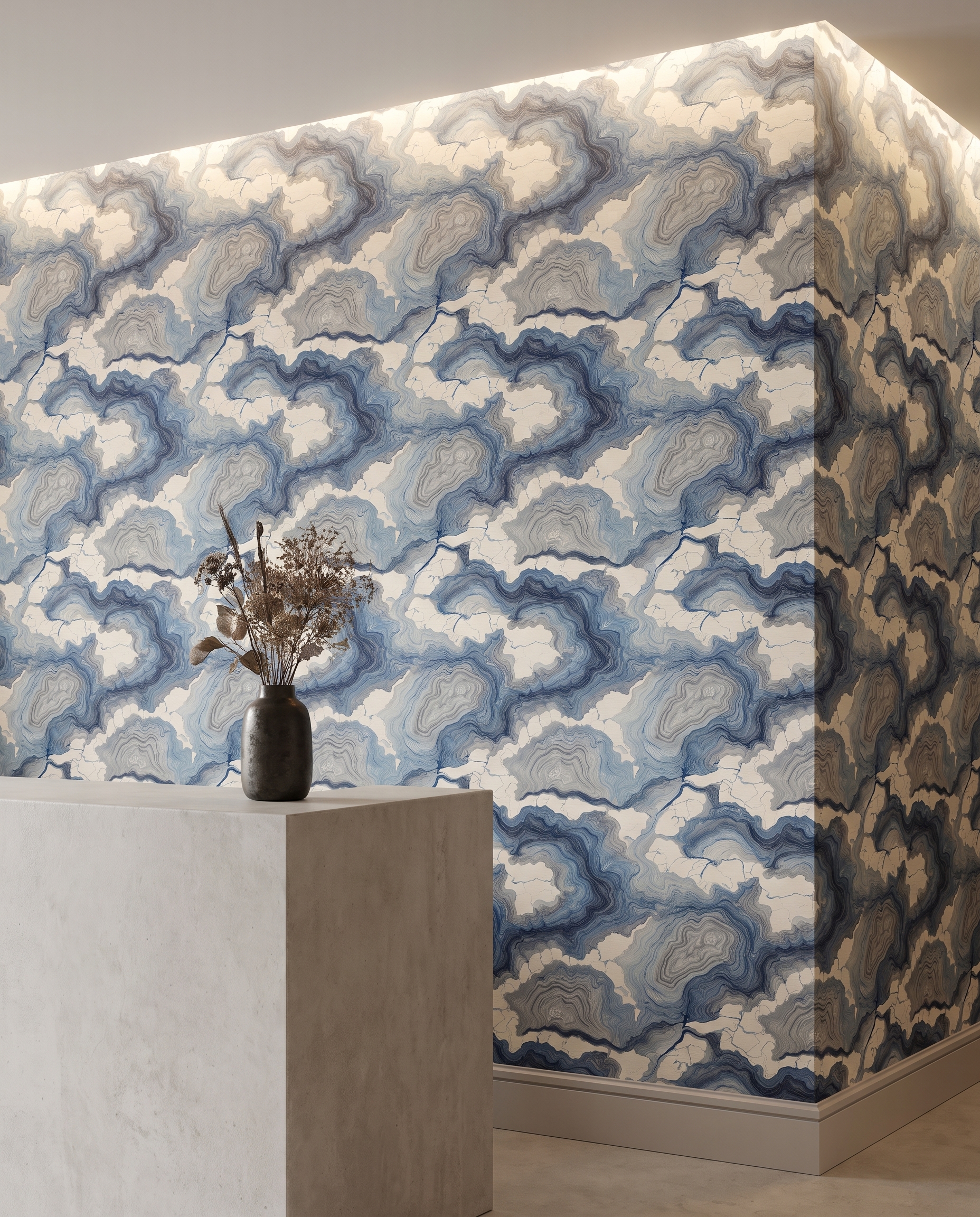 Abstract Agate Contour Lines in Blue and Grey, Contemporary Wall Mural, Peel and Stick Wallpaper for a Modern Accent Wall