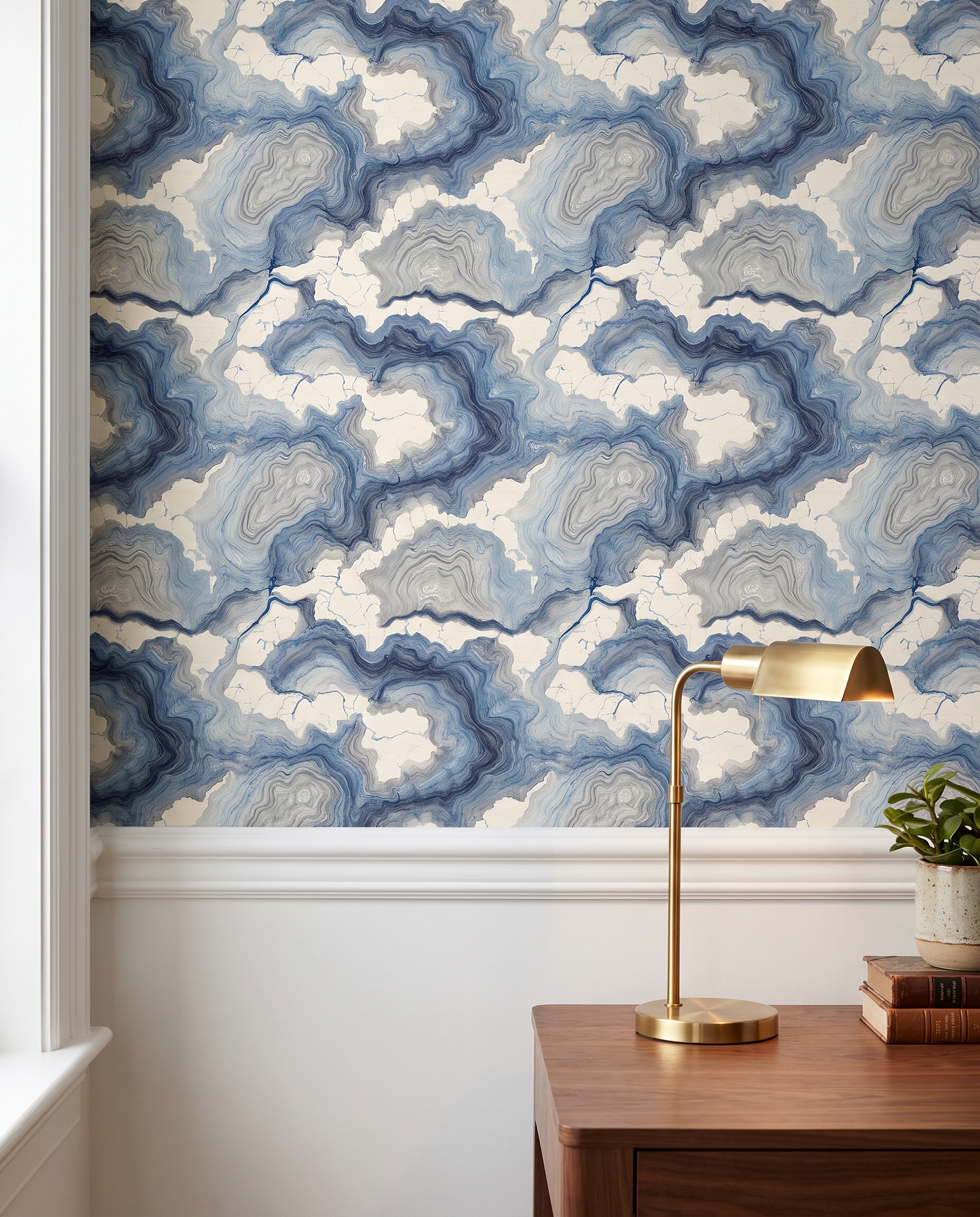 Abstract Agate Contour Lines in Blue and Grey, Contemporary Wall Mural, Peel and Stick Wallpaper for a Modern Accent Wall