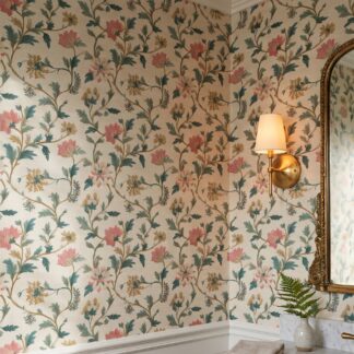 Vintage Embroidered Floral Wallpaper in Pink and Teal, Jacobean Crewelwork Self Adhesive Wallpaper, Removable Mural for Bedroom Accent Wall