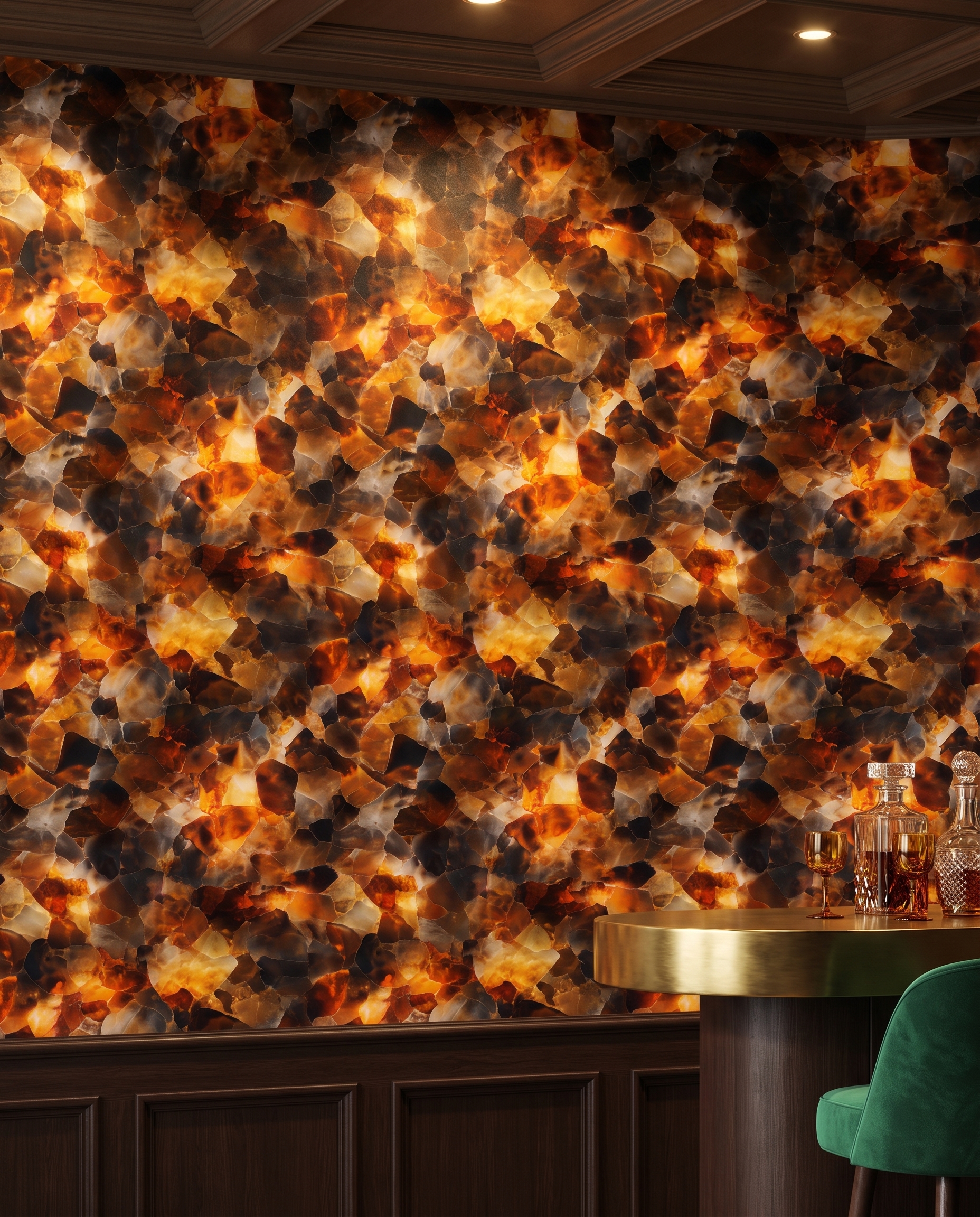 Backlit Amber Agate Mosaic, Abstract Tortoiseshell Texture, Peel and Stick Wallpaper, Warm Orange and Brown Wall Mural for a Living Room Accent Wall