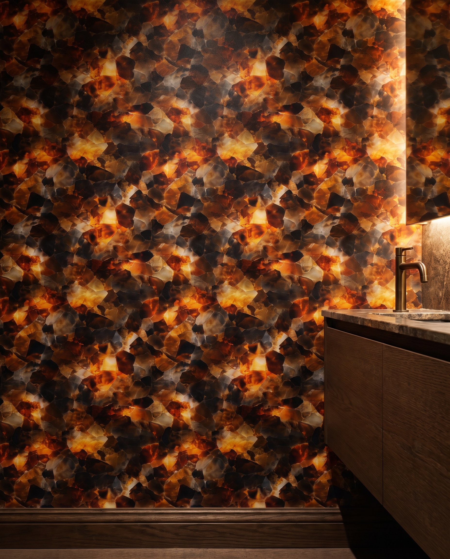 Backlit Amber Agate Mosaic, Abstract Tortoiseshell Texture, Peel and Stick Wallpaper, Warm Orange and Brown Wall Mural for a Living Room Accent Wall