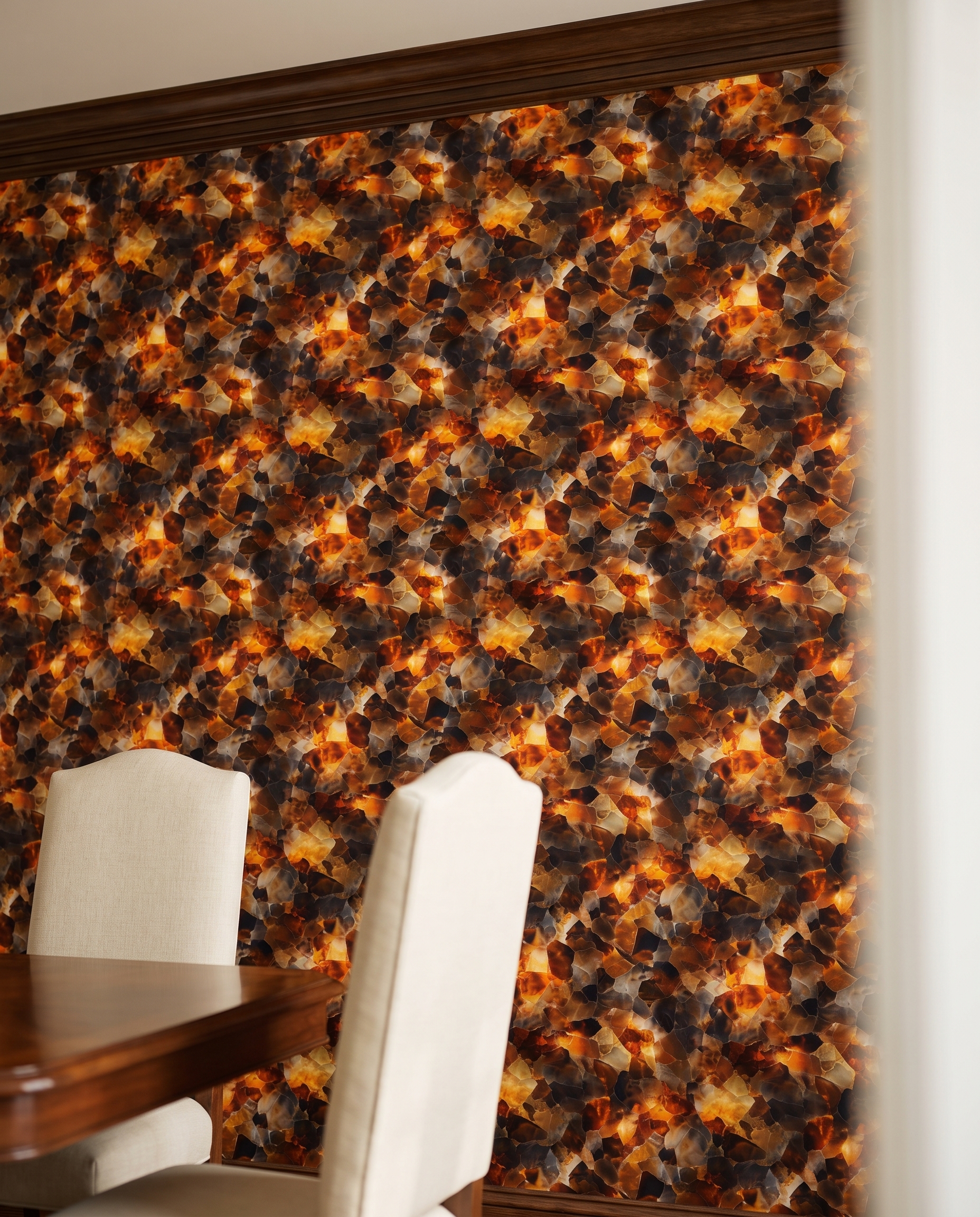 Backlit Amber Agate Mosaic, Abstract Tortoiseshell Texture, Peel and Stick Wallpaper, Warm Orange and Brown Wall Mural for a Living Room Accent Wall