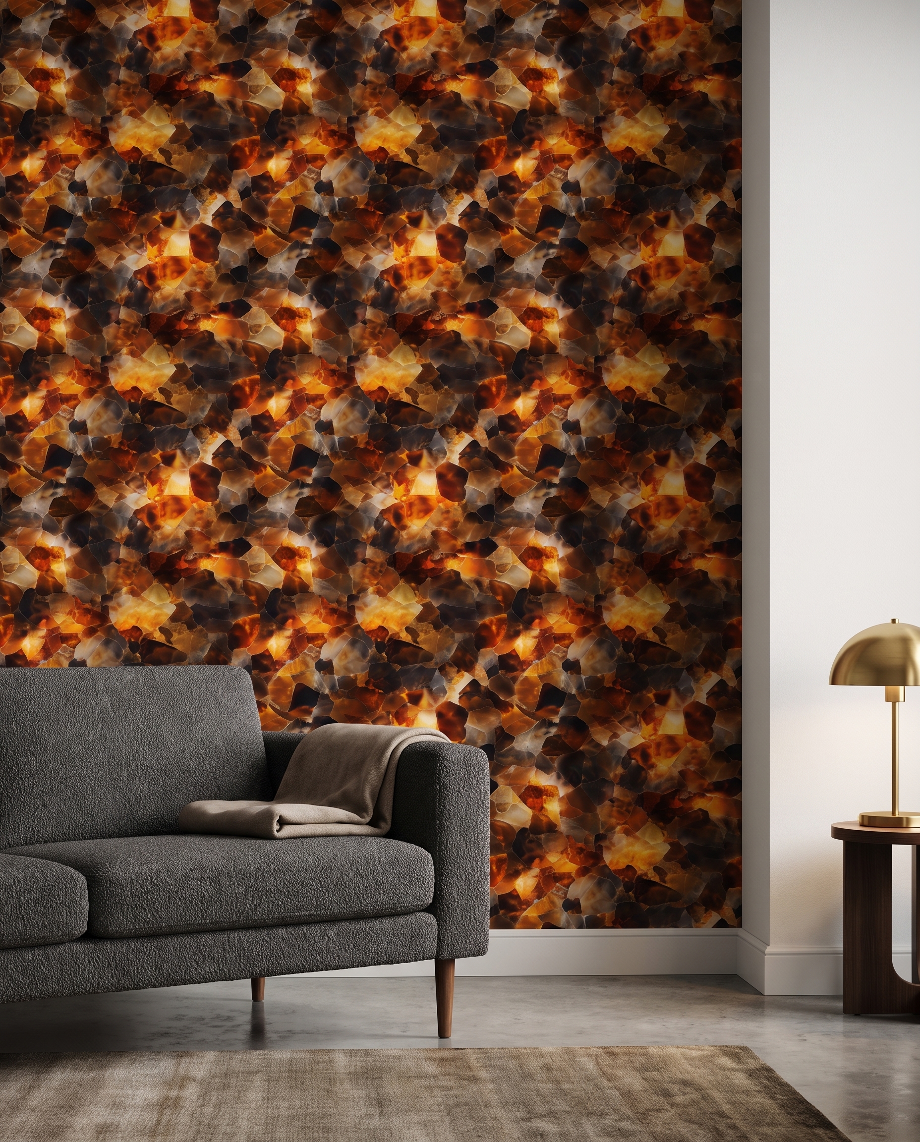 Backlit Amber Agate Mosaic, Abstract Tortoiseshell Texture, Peel and Stick Wallpaper, Warm Orange and Brown Wall Mural for a Living Room Accent Wall