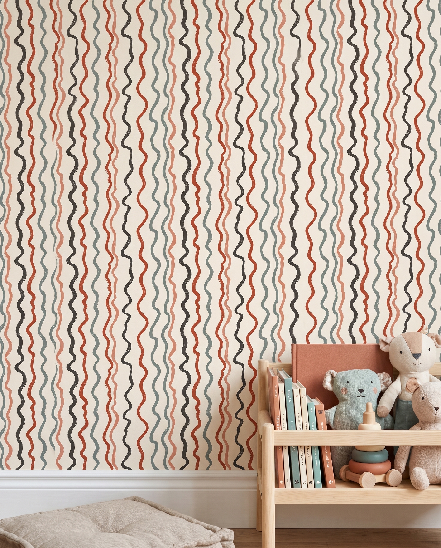 Abstract Wavy Lines Wallpaper in Terracotta and Sage, Contemporary Brush Stroke Peel and Stick Wallpaper for Living Room Accent Wall
