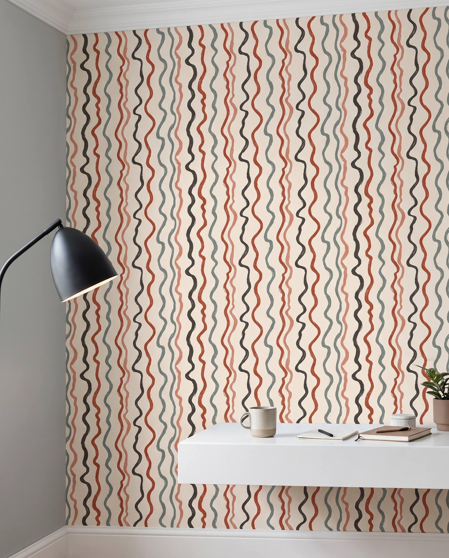 Abstract Wavy Lines Wallpaper in Terracotta and Sage, Contemporary Brush Stroke Peel and Stick Wallpaper for Living Room Accent Wall
