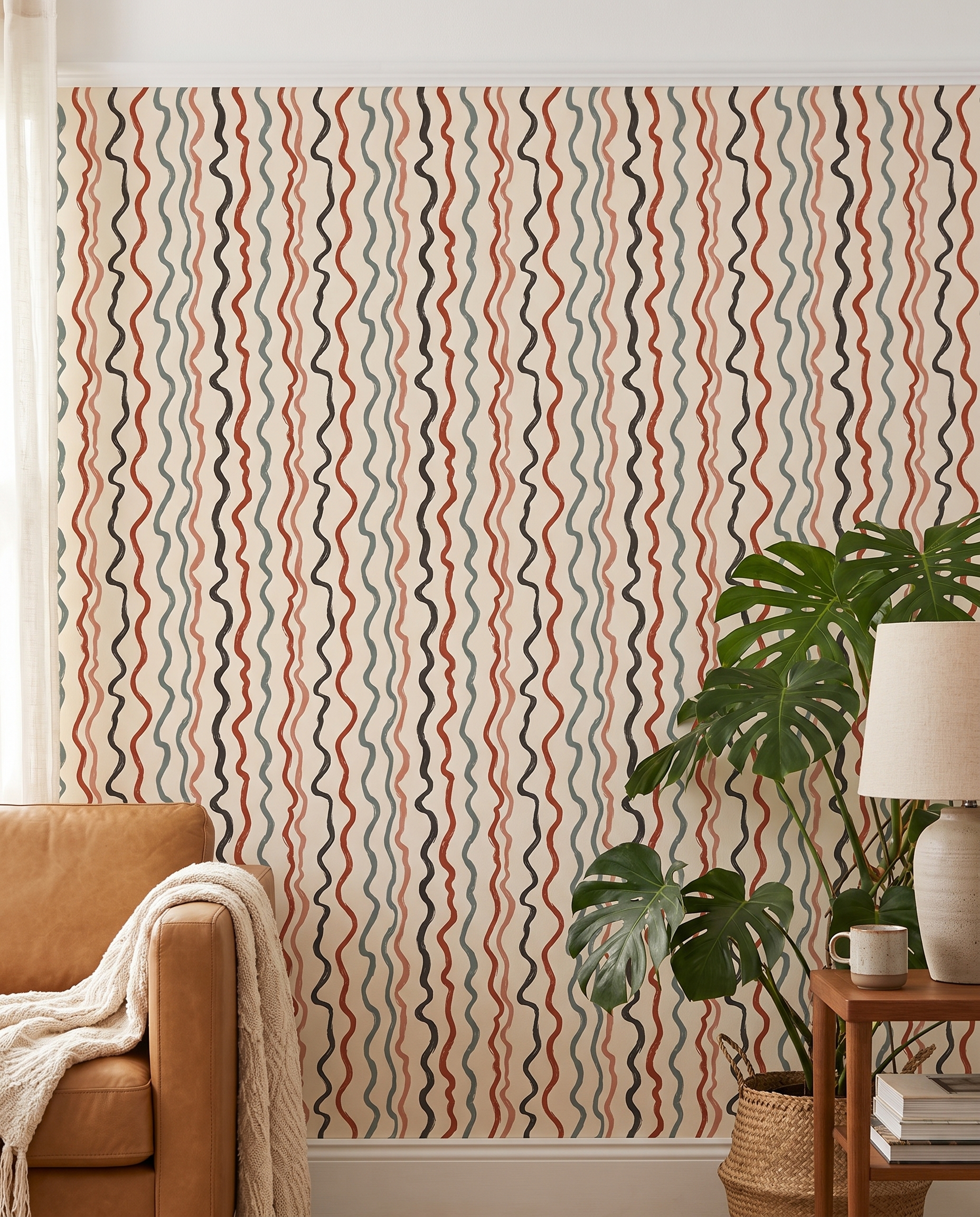 Abstract Wavy Lines Wallpaper in Terracotta and Sage, Contemporary Brush Stroke Peel and Stick Wallpaper for Living Room Accent Wall