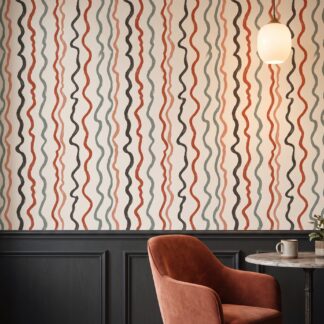 Abstract Wavy Lines Wallpaper in Terracotta and Sage, Contemporary Brush Stroke Peel and Stick Wallpaper for Living Room Accent Wall