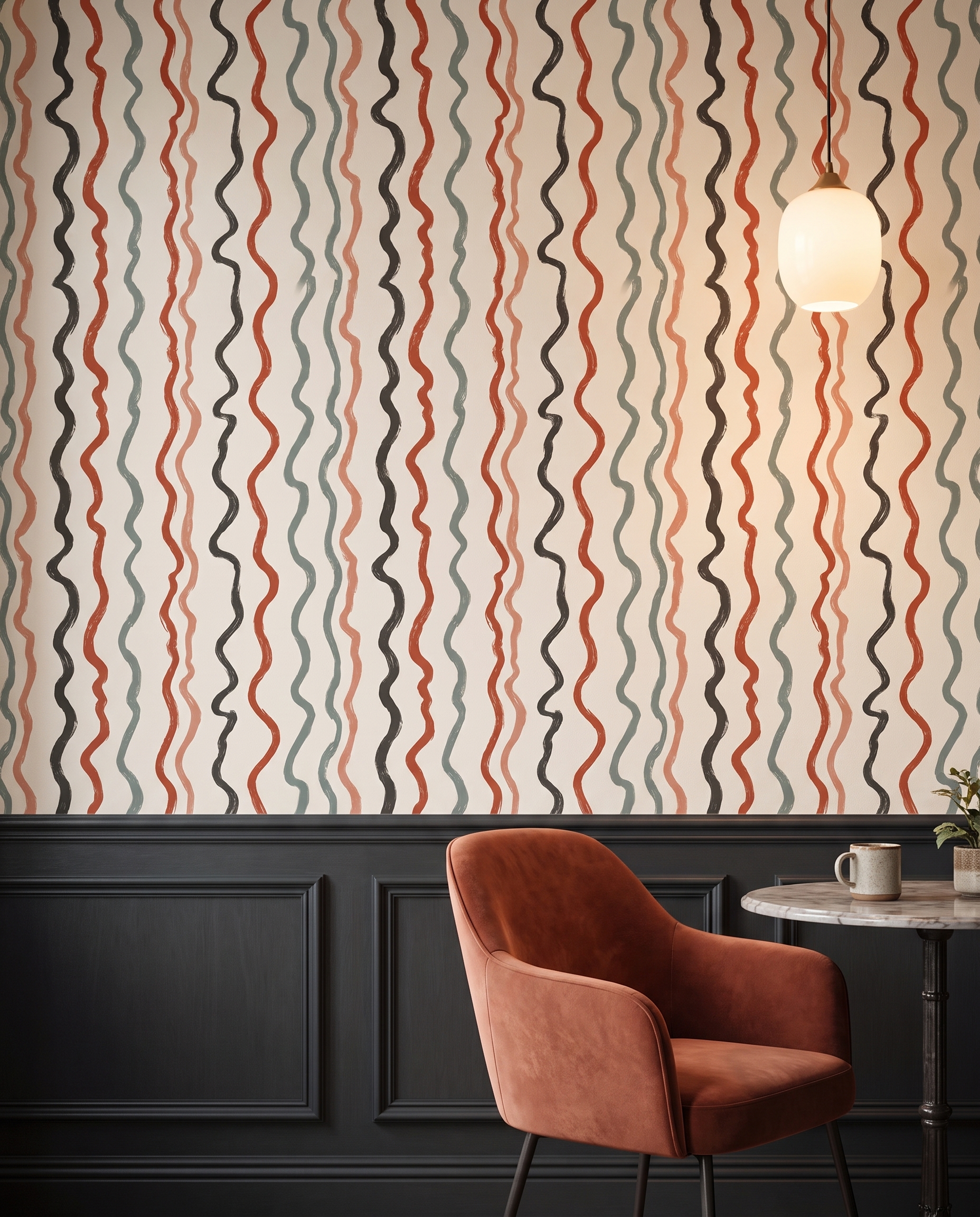 Abstract Wavy Lines Wallpaper in Terracotta and Sage, Contemporary Brush Stroke Peel and Stick Wallpaper for Living Room Accent Wall