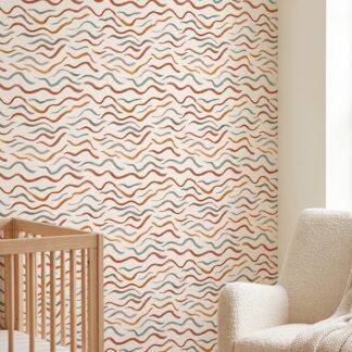 Earthy Waves Abstract Wallpaper in Terracotta and Sage, Removable Peel and Stick Wallpaper for a Contemporary Bedroom or Nursery