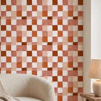 Painterly Checkered Grid Wallpaper in Terracotta and White, Self Adhesive Wall Mural, Removable Wallpaper for Bedroom Accent Wall