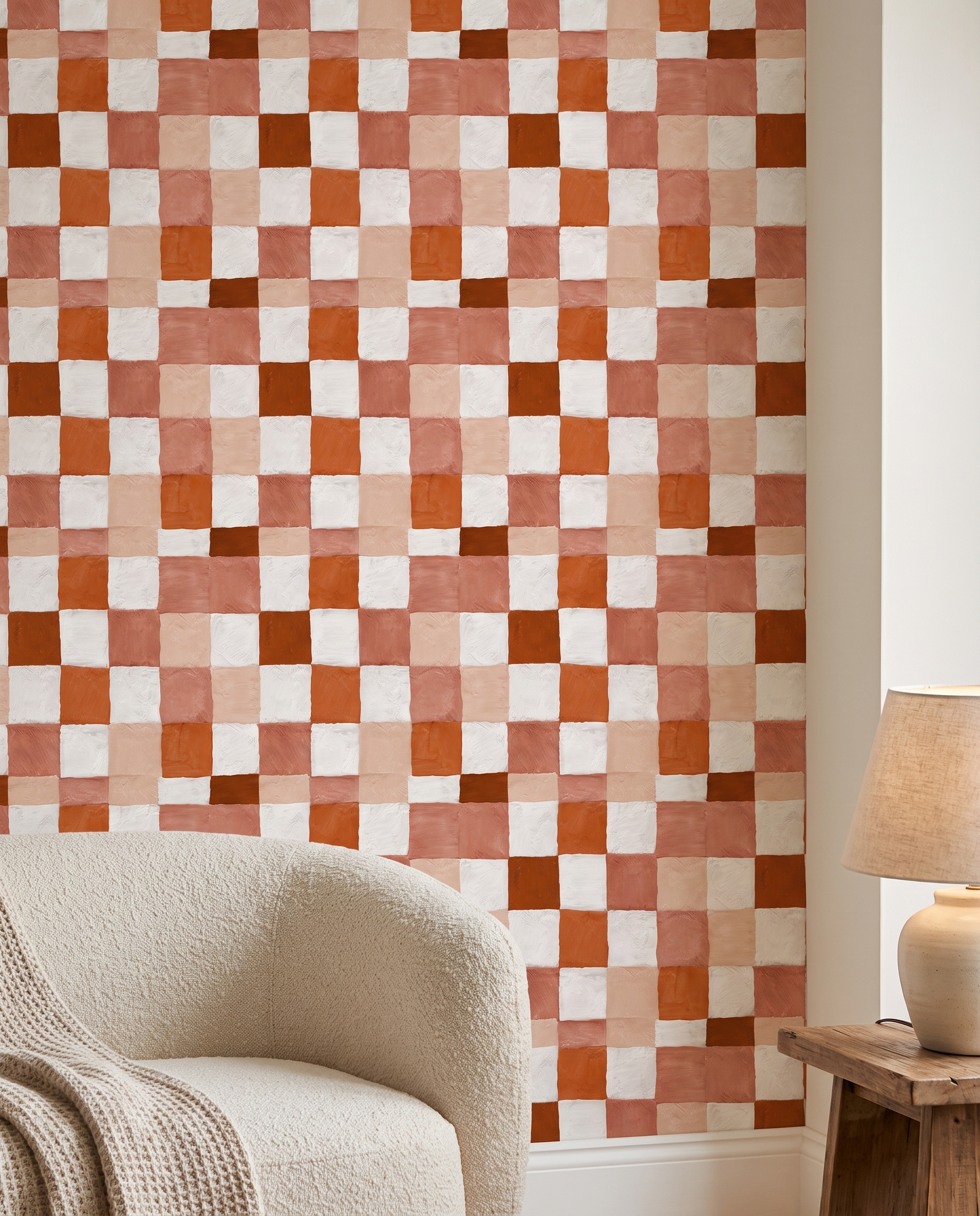 Painterly Checkered Grid Wallpaper in Terracotta and White, Self Adhesive Wall Mural, Removable Wallpaper for Bedroom Accent Wall