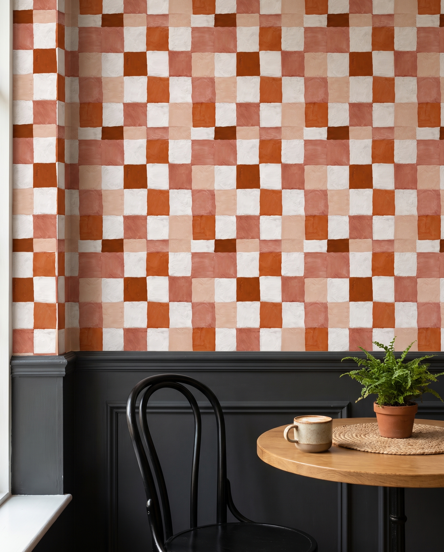 Painterly Checkered Grid Wallpaper in Terracotta and White, Self Adhesive Wall Mural, Removable Wallpaper for Bedroom Accent Wall