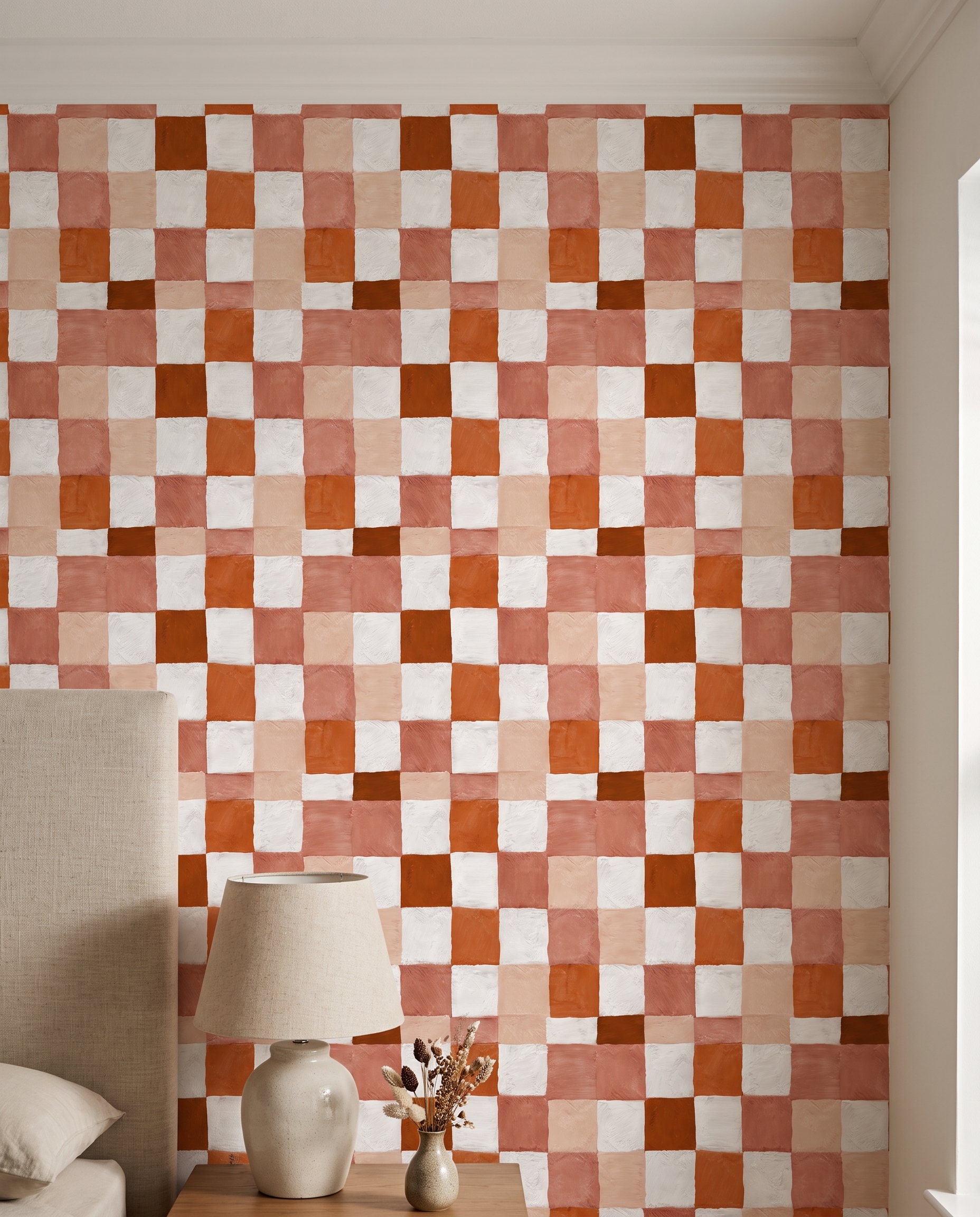 Painterly Checkered Grid Wallpaper in Terracotta and White, Self Adhesive Wall Mural, Removable Wallpaper for Bedroom Accent Wall