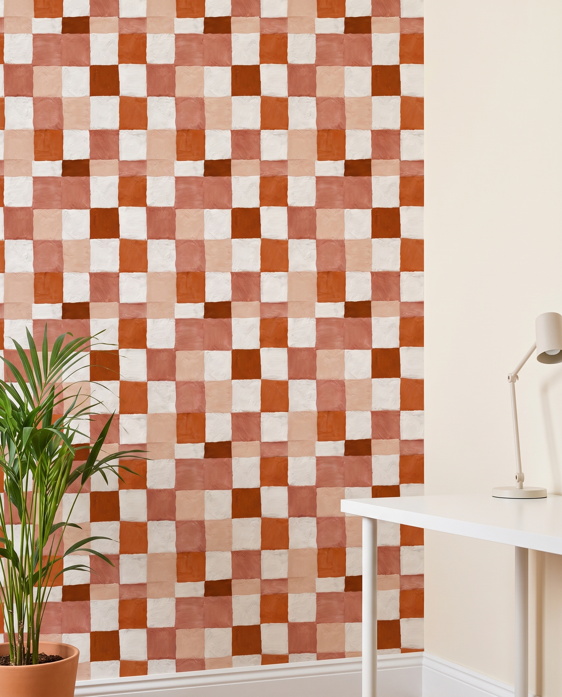 Painterly Checkered Grid Wallpaper in Terracotta and White, Self Adhesive Wall Mural, Removable Wallpaper for Bedroom Accent Wall