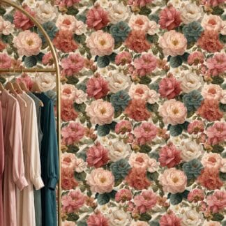Vintage Peony Garden Wallpaper in Dusty Pink and Teal, Romantic Floral Wall Mural, Peel and Stick Wallpaper for a Bedroom Accent Wall
