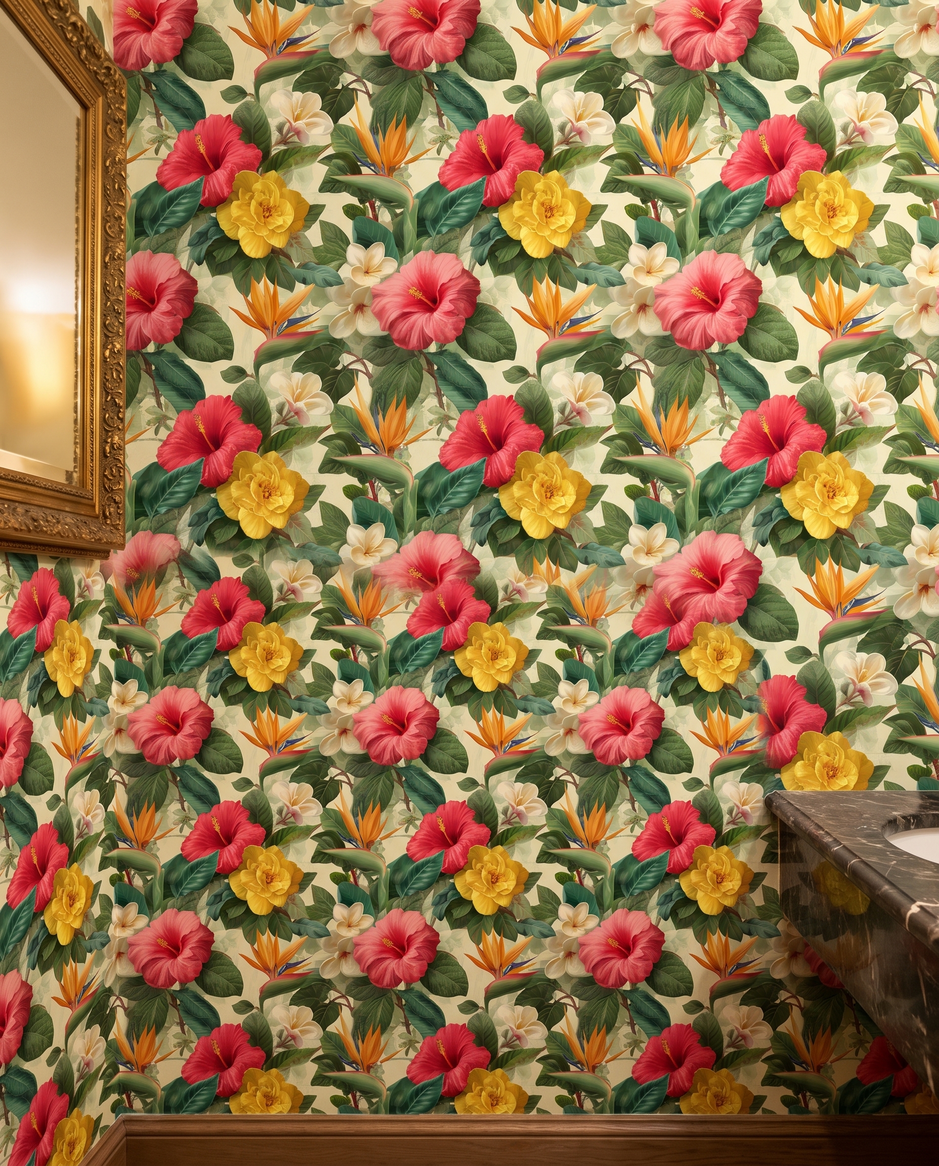 Tropical Floral Wallpaper with Red Hibiscus and Yellow Flowers, Vintage Botanical Wall Mural, Peel and Stick Wallpaper for a Bedroom Accent Wall