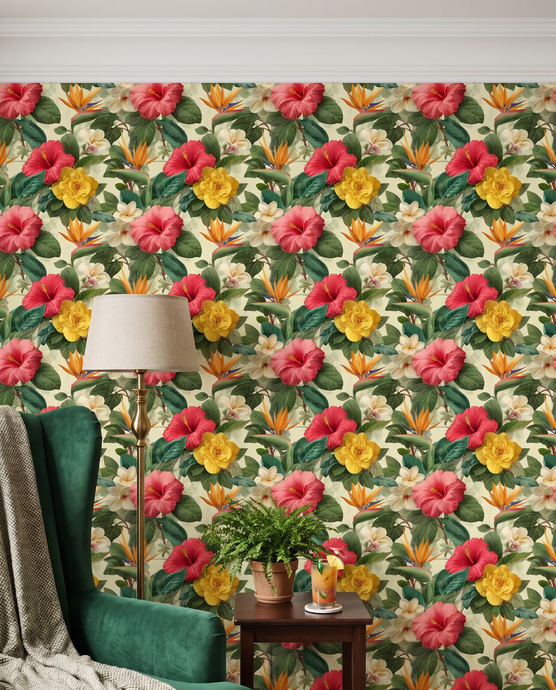 Tropical Floral Wallpaper with Red Hibiscus and Yellow Flowers, Vintage Botanical Wall Mural, Peel and Stick Wallpaper for a Bedroom Accent Wall