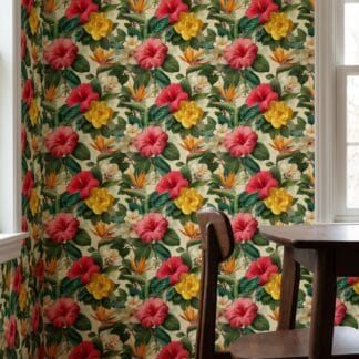 Tropical Floral Wallpaper with Red Hibiscus and Yellow Flowers, Vintage Botanical Wall Mural, Peel and Stick Wallpaper for a Bedroom Accent Wall