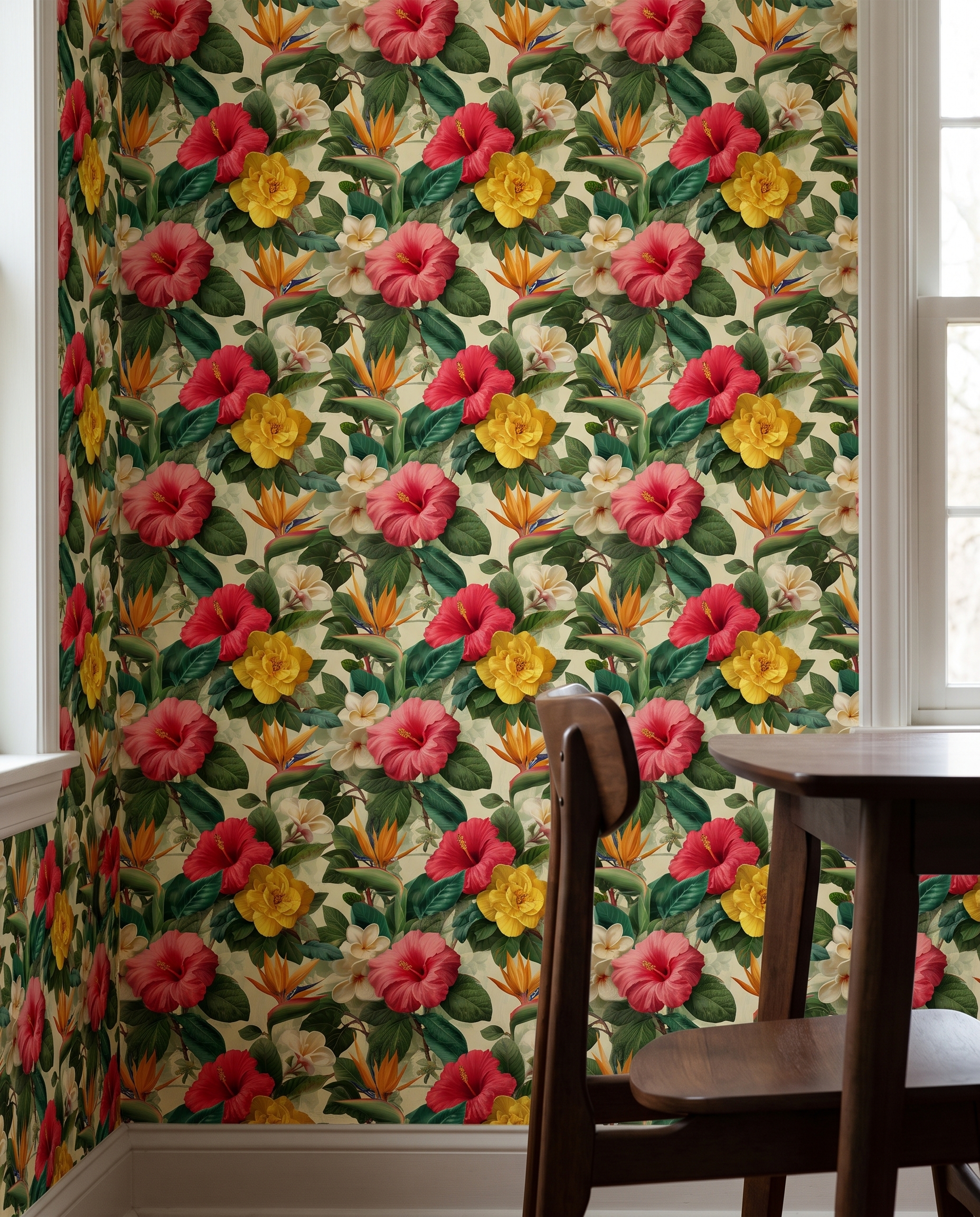 Tropical Floral Wallpaper with Red Hibiscus and Yellow Flowers, Vintage Botanical Wall Mural, Peel and Stick Wallpaper for a Bedroom Accent Wall