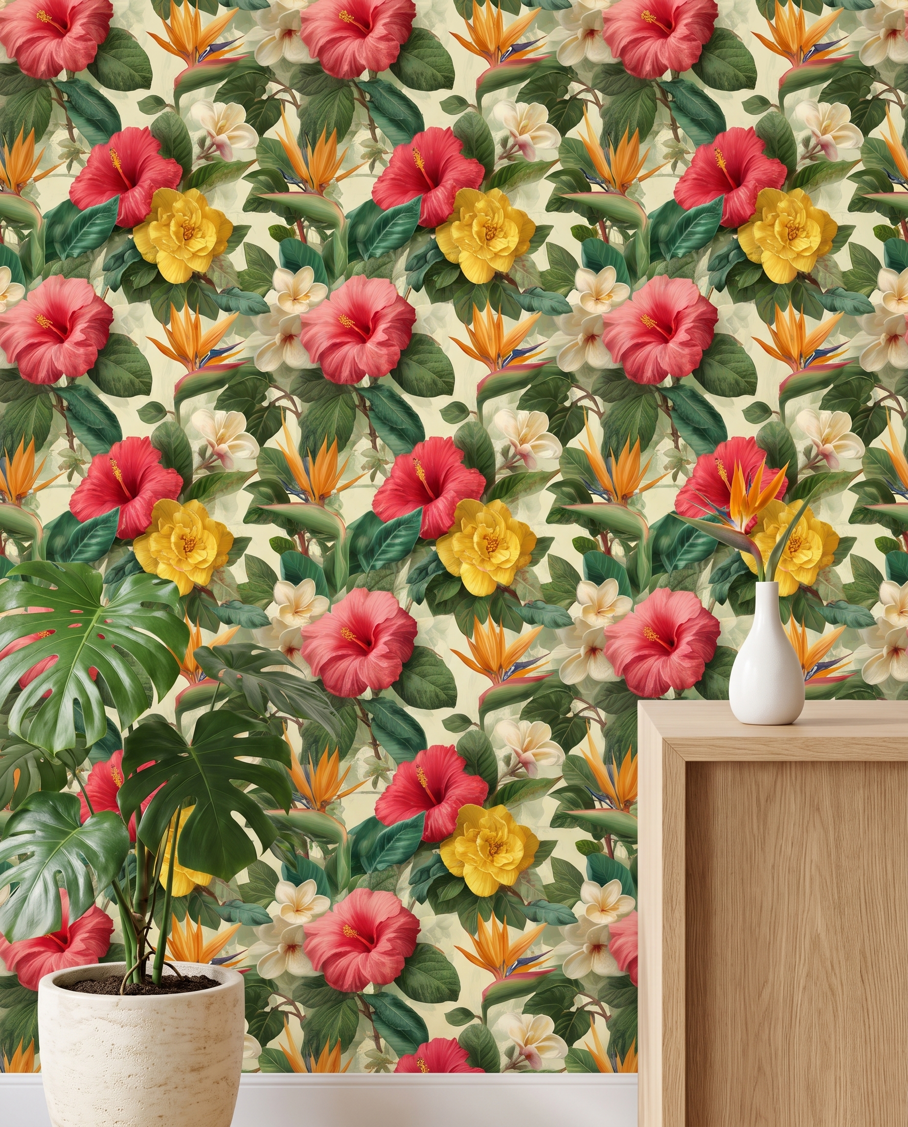 Tropical Floral Wallpaper with Red Hibiscus and Yellow Flowers, Vintage Botanical Wall Mural, Peel and Stick Wallpaper for a Bedroom Accent Wall