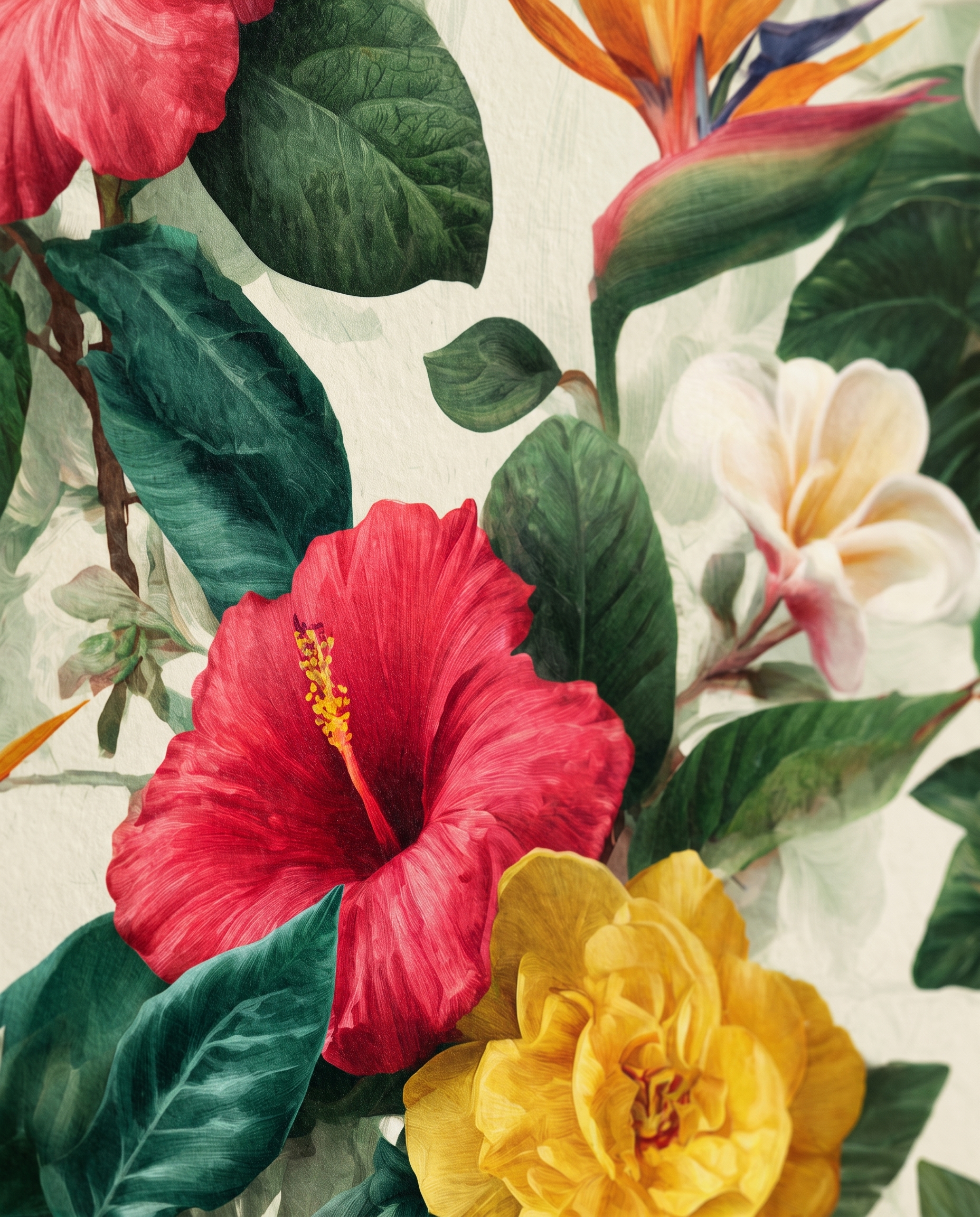 Tropical Floral Wallpaper with Red Hibiscus and Yellow Flowers, Vintage Botanical Wall Mural, Peel and Stick Wallpaper for a Bedroom Accent Wall
