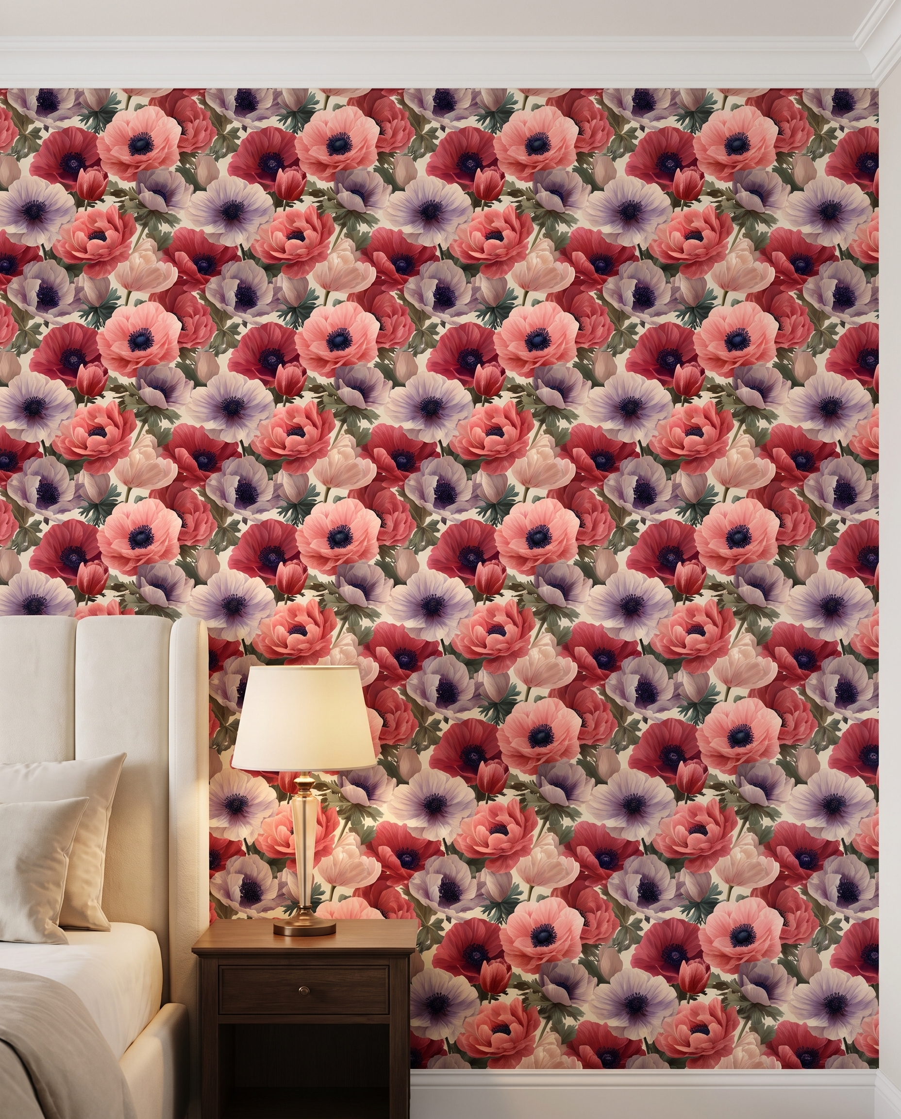 Vintage Anemone Garden in Pink and Red, Large Scale Floral Wallpaper, Peel and Stick Wall Mural, Removable Wallpaper for a Bedroom Accent Wall