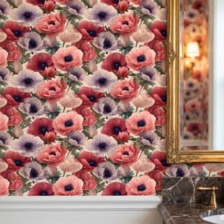Vintage Anemone Garden in Pink and Red, Large Scale Floral Wallpaper, Peel and Stick Wall Mural, Removable Wallpaper for a Bedroom Accent Wall