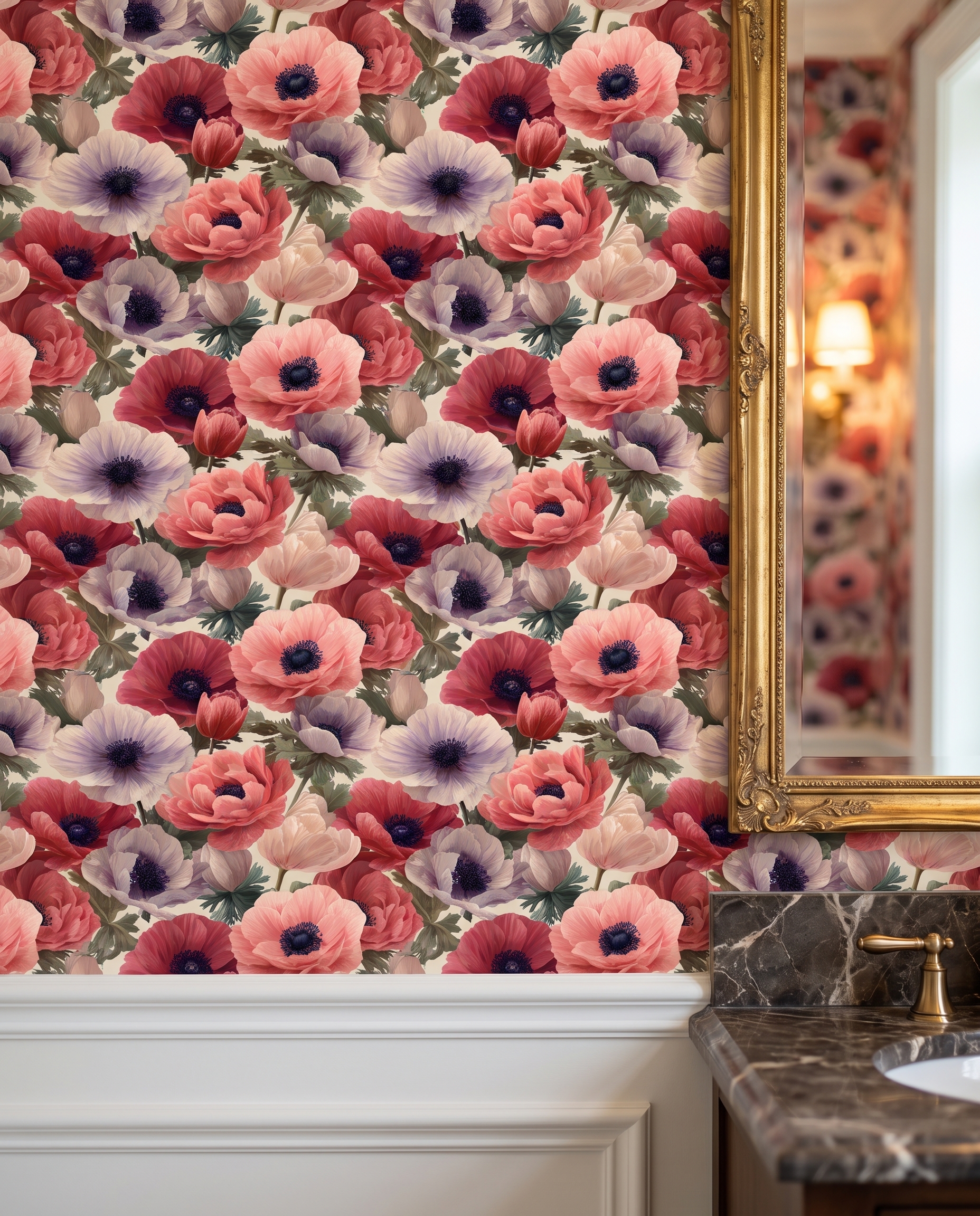 Vintage Anemone Garden in Pink and Red, Large Scale Floral Wallpaper, Peel and Stick Wall Mural, Removable Wallpaper for a Bedroom Accent Wall