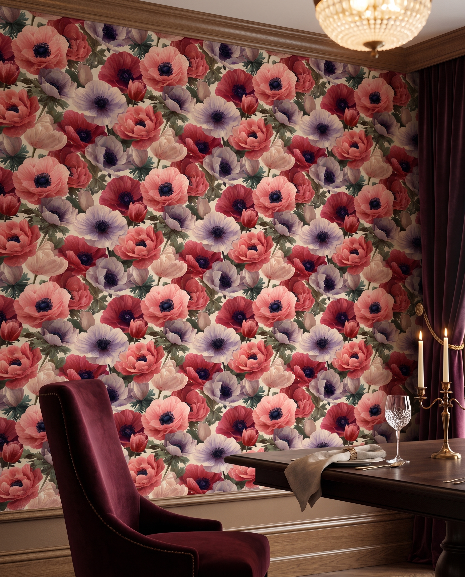 Vintage Anemone Garden in Pink and Red, Large Scale Floral Wallpaper, Peel and Stick Wall Mural, Removable Wallpaper for a Bedroom Accent Wall