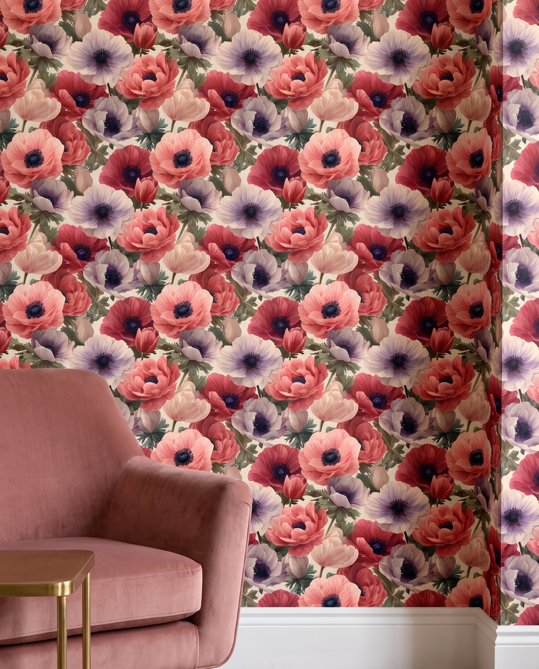 Vintage Anemone Garden in Pink and Red, Large Scale Floral Wallpaper, Peel and Stick Wall Mural, Removable Wallpaper for a Bedroom Accent Wall