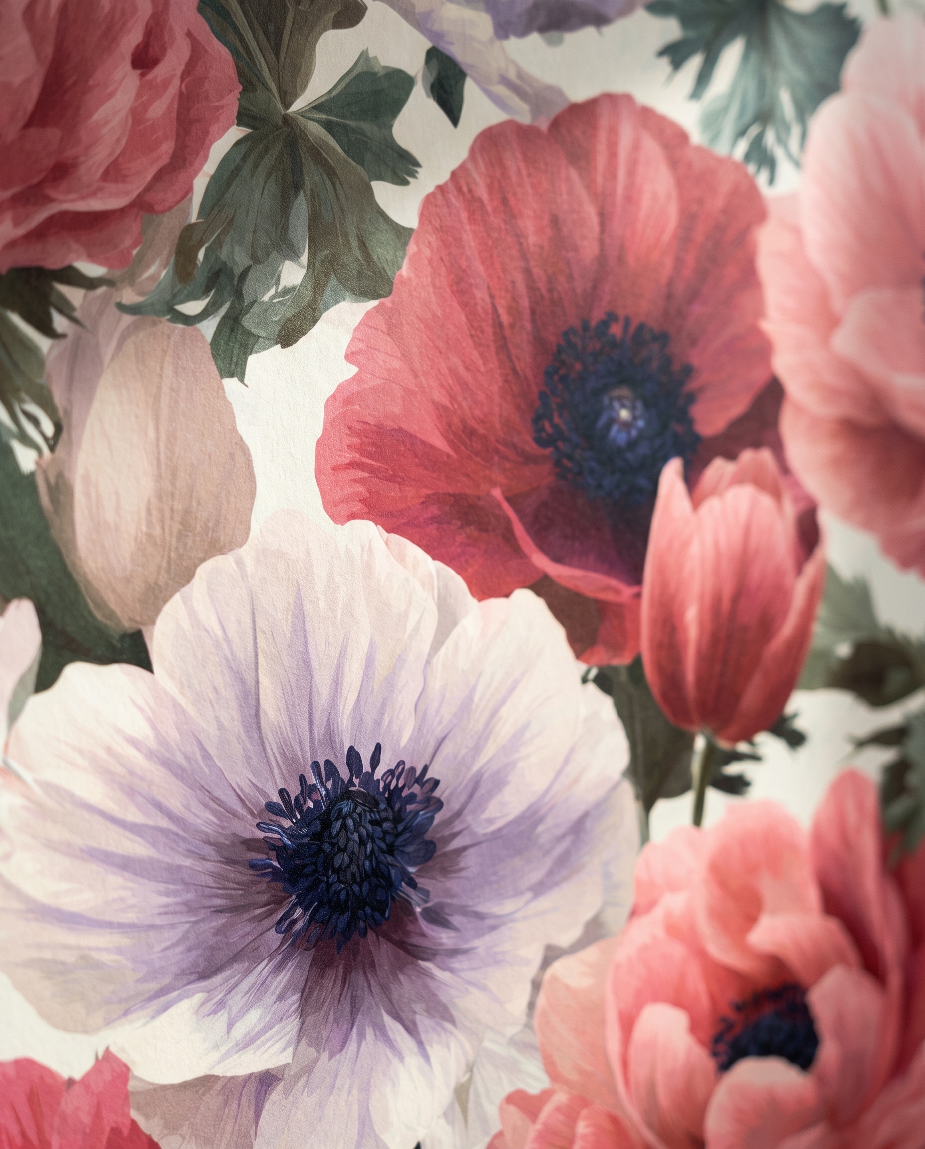 Vintage Anemone Garden in Pink and Red, Large Scale Floral Wallpaper, Peel and Stick Wall Mural, Removable Wallpaper for a Bedroom Accent Wall