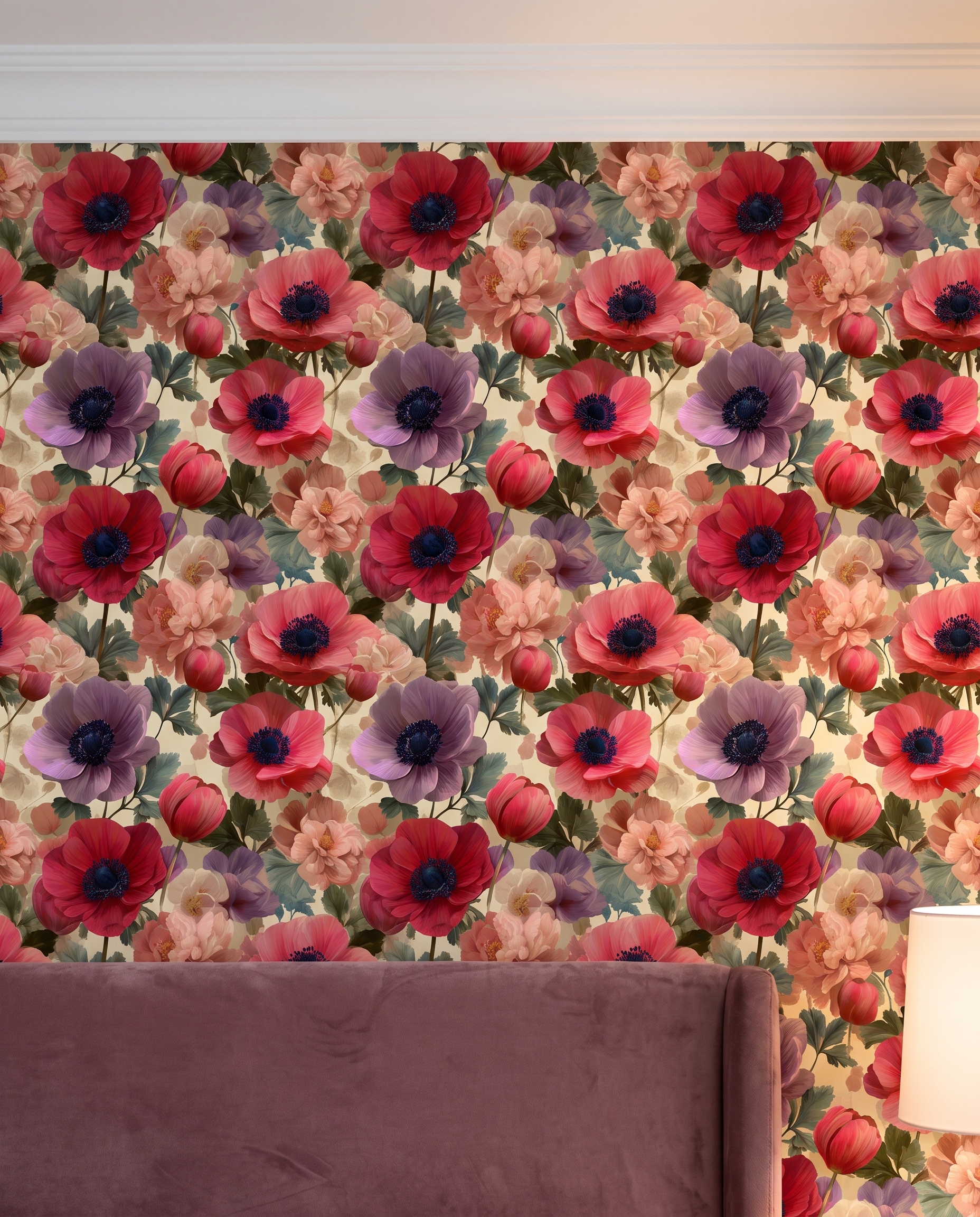 Painterly Anemone & Poppy Floral Wallpaper in Red and Pink, Removable Peel and Stick Wall Mural for a Bedroom Accent Wall