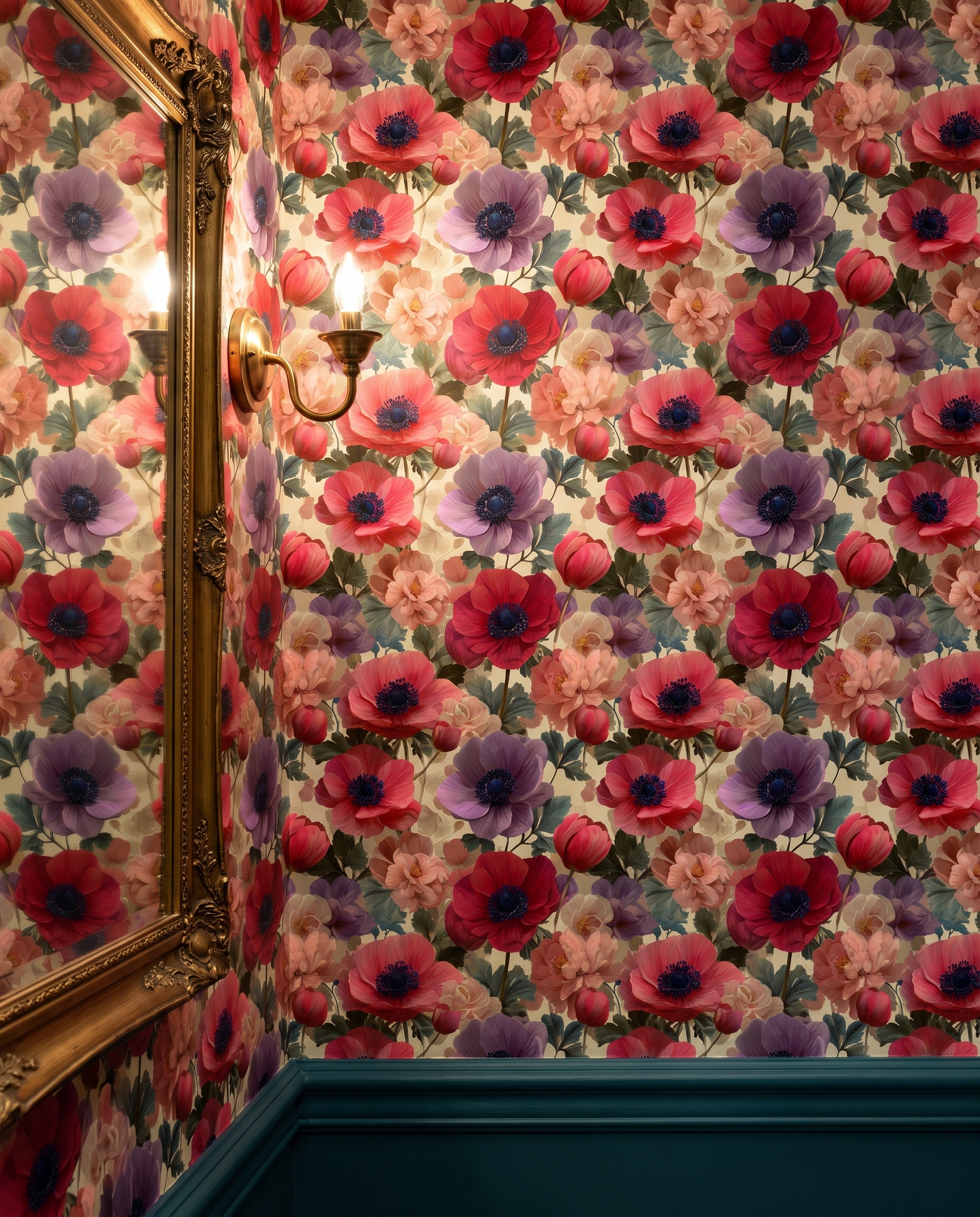 Painterly Anemone & Poppy Floral Wallpaper in Red and Pink, Removable Peel and Stick Wall Mural for a Bedroom Accent Wall