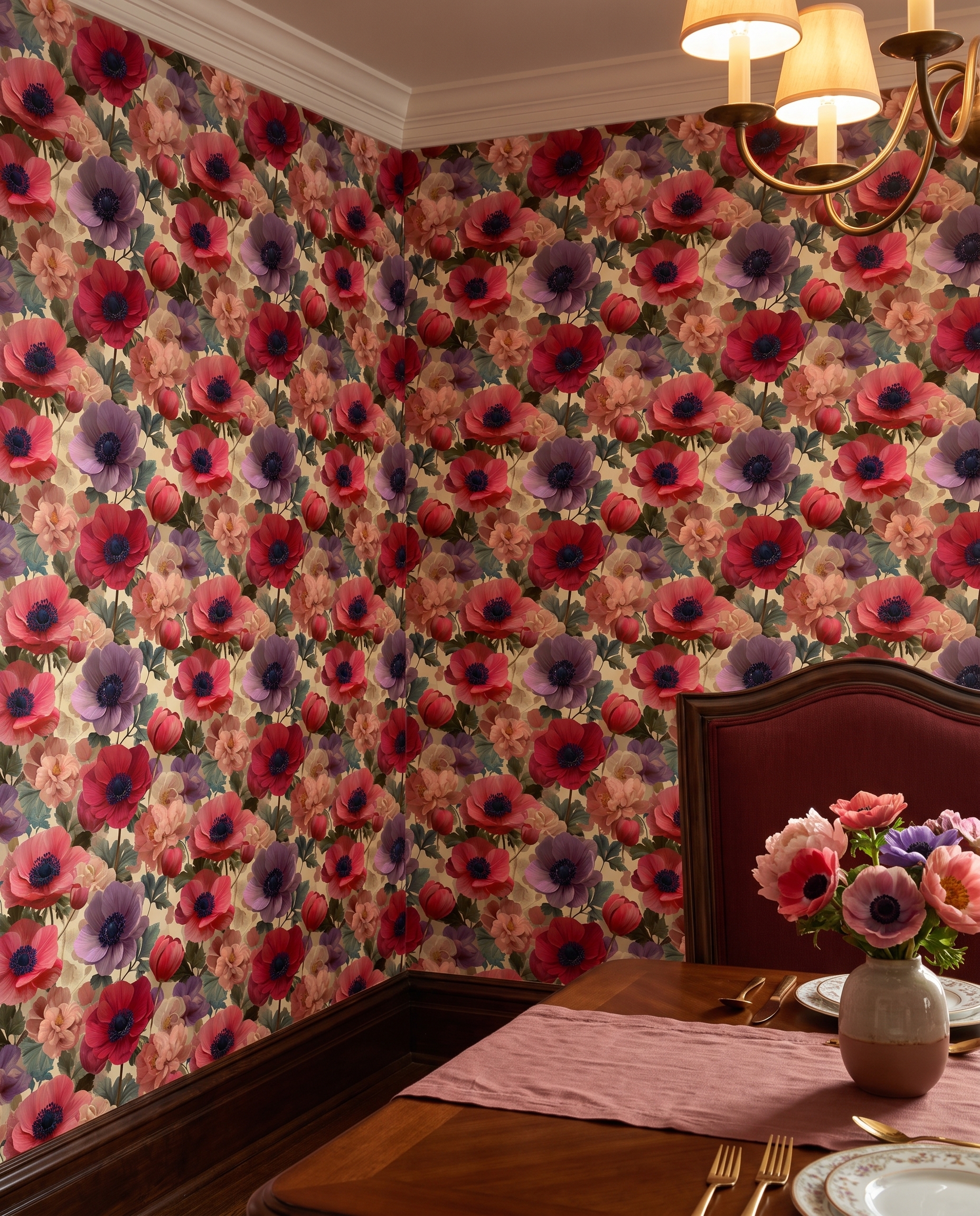 Painterly Anemone & Poppy Floral Wallpaper in Red and Pink, Removable Peel and Stick Wall Mural for a Bedroom Accent Wall