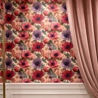 Painterly Anemone & Poppy Floral Wallpaper in Red and Pink, Removable Peel and Stick Wall Mural for a Bedroom Accent Wall