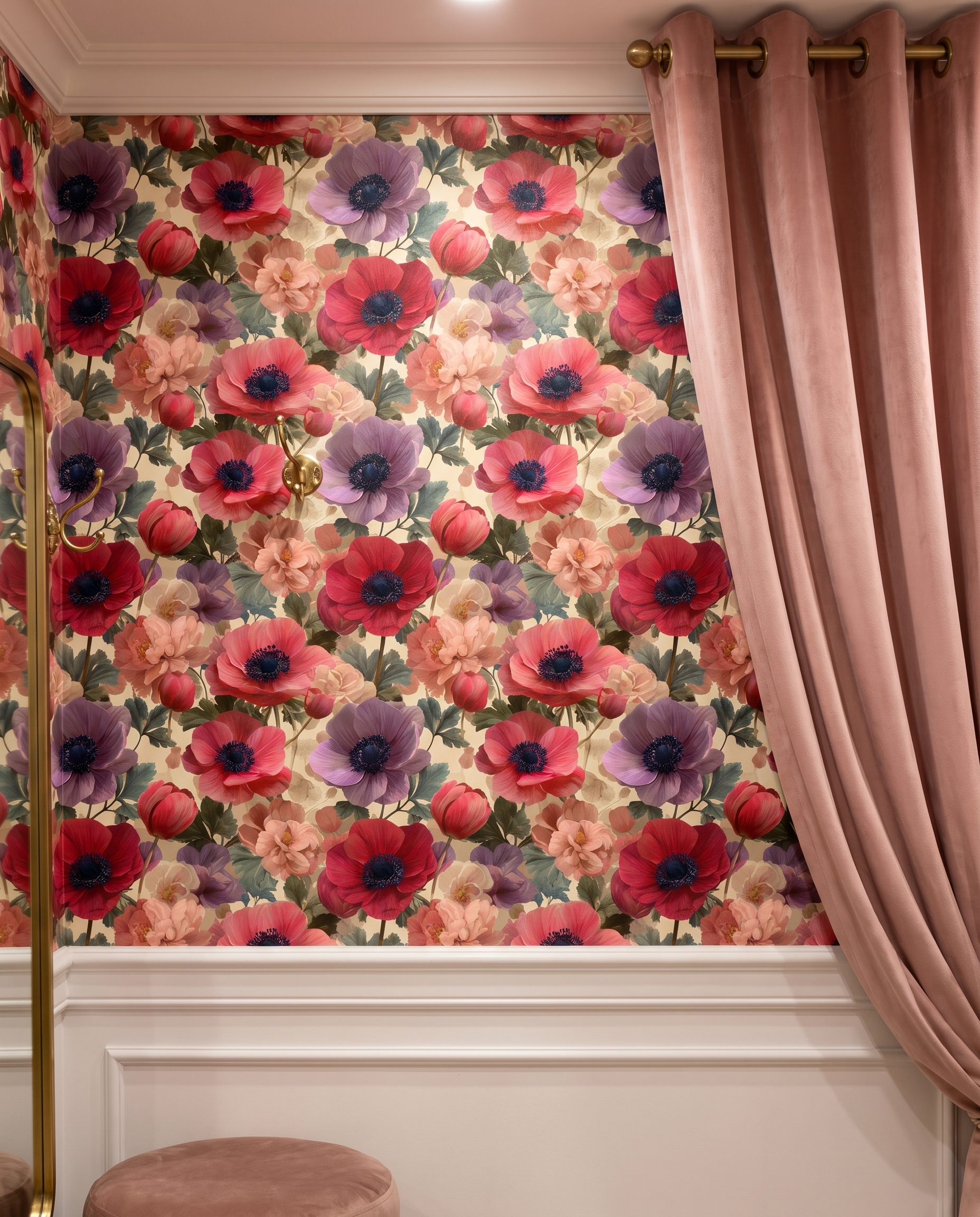 Painterly Anemone & Poppy Floral Wallpaper in Red and Pink, Removable Peel and Stick Wall Mural for a Bedroom Accent Wall